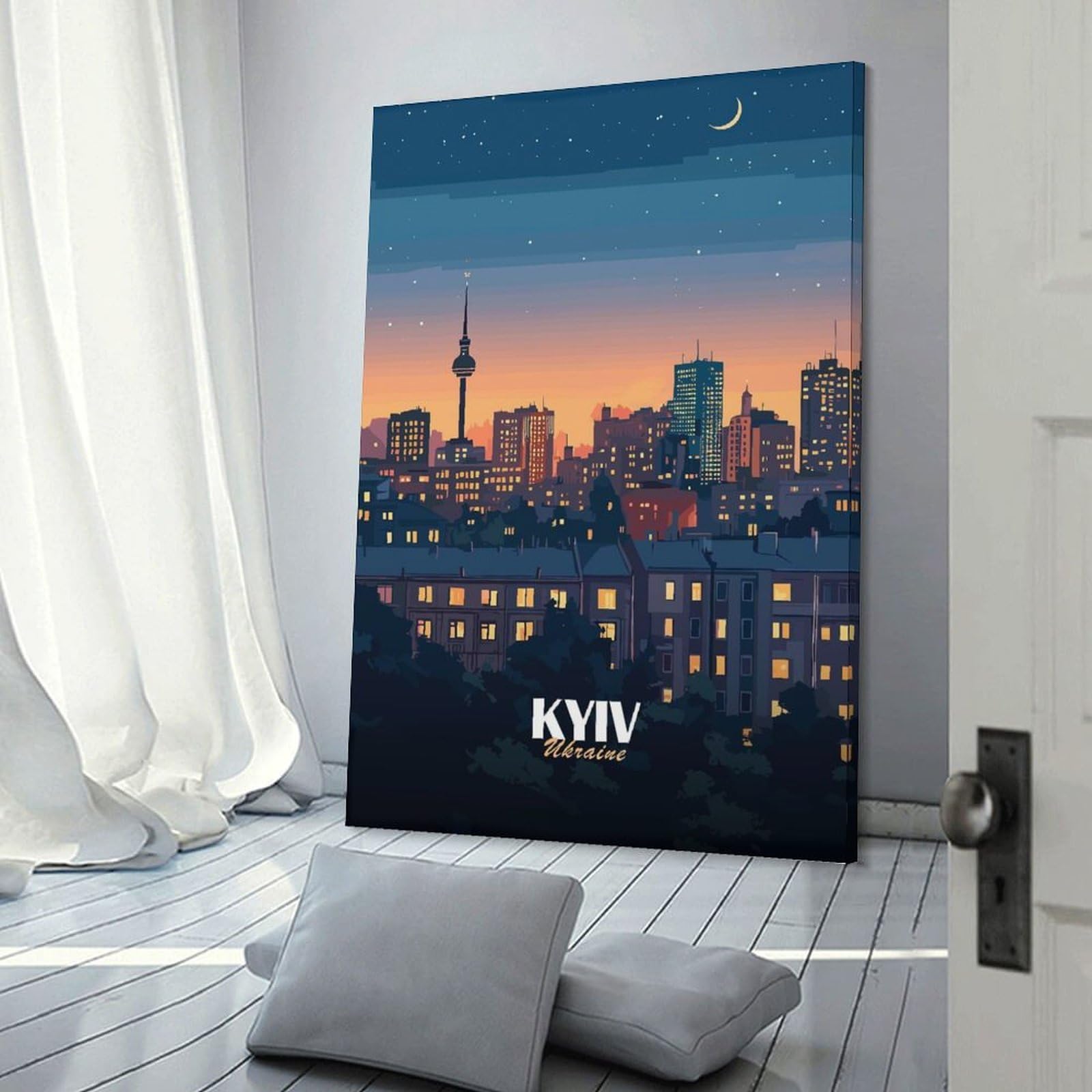 Junmoney Kyiv, Ukraine Cityscape at Night Wall Picture Print 08x12inch(20x30cm), for Lounge Decor, Offices Or Entryway Styling, Versatile Wall Decor for Many Rooms