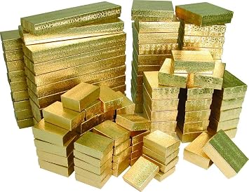 888 Display - Case of 100 Boxes of 2 5/8" x 1 1/2" x 1" GoldFoil Cotton Filled Jewelry Boxes