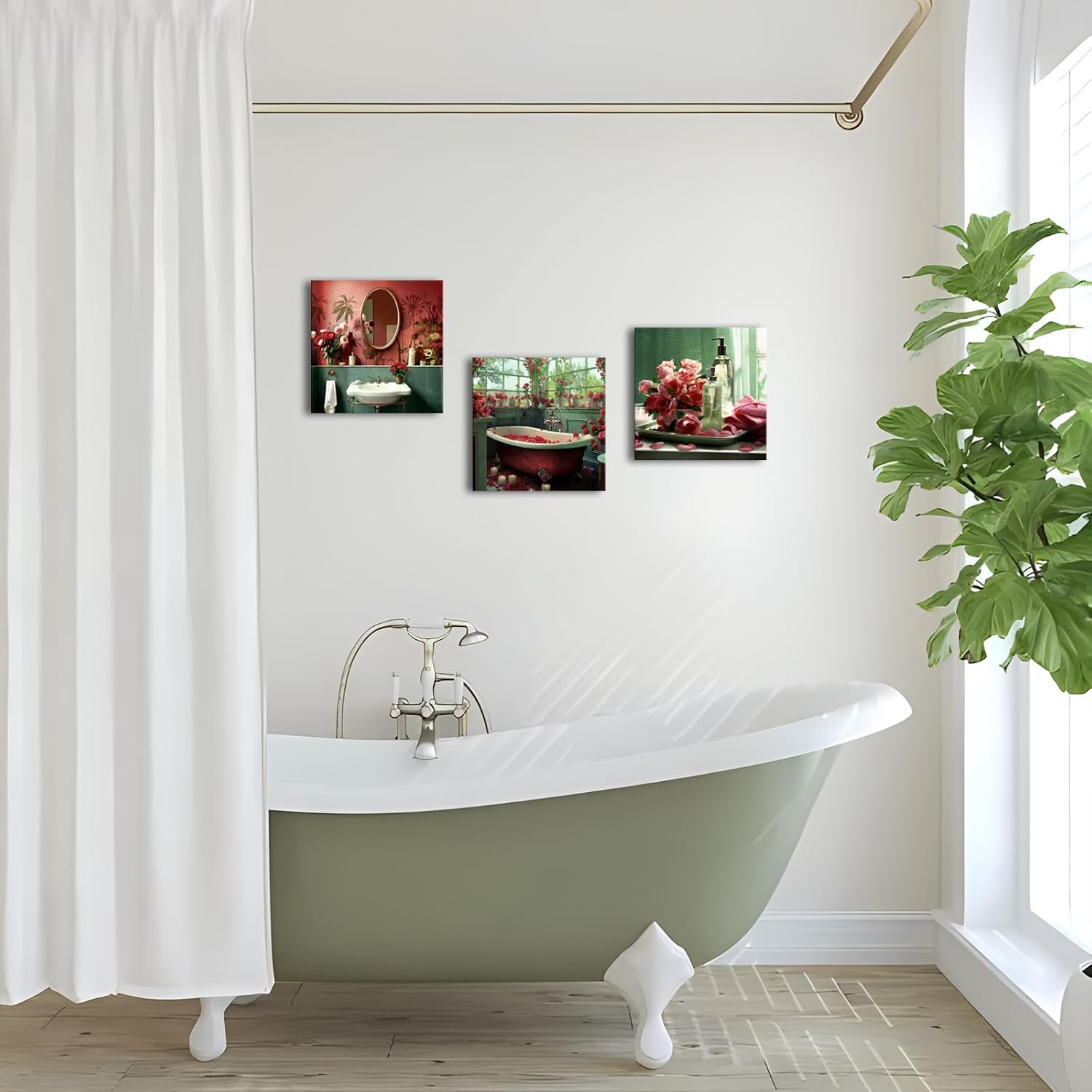 LoveHouse Bathroom Canvas Wall Art Red Bathtub Bathroom Decor Vintage Burgundy Painting Prints