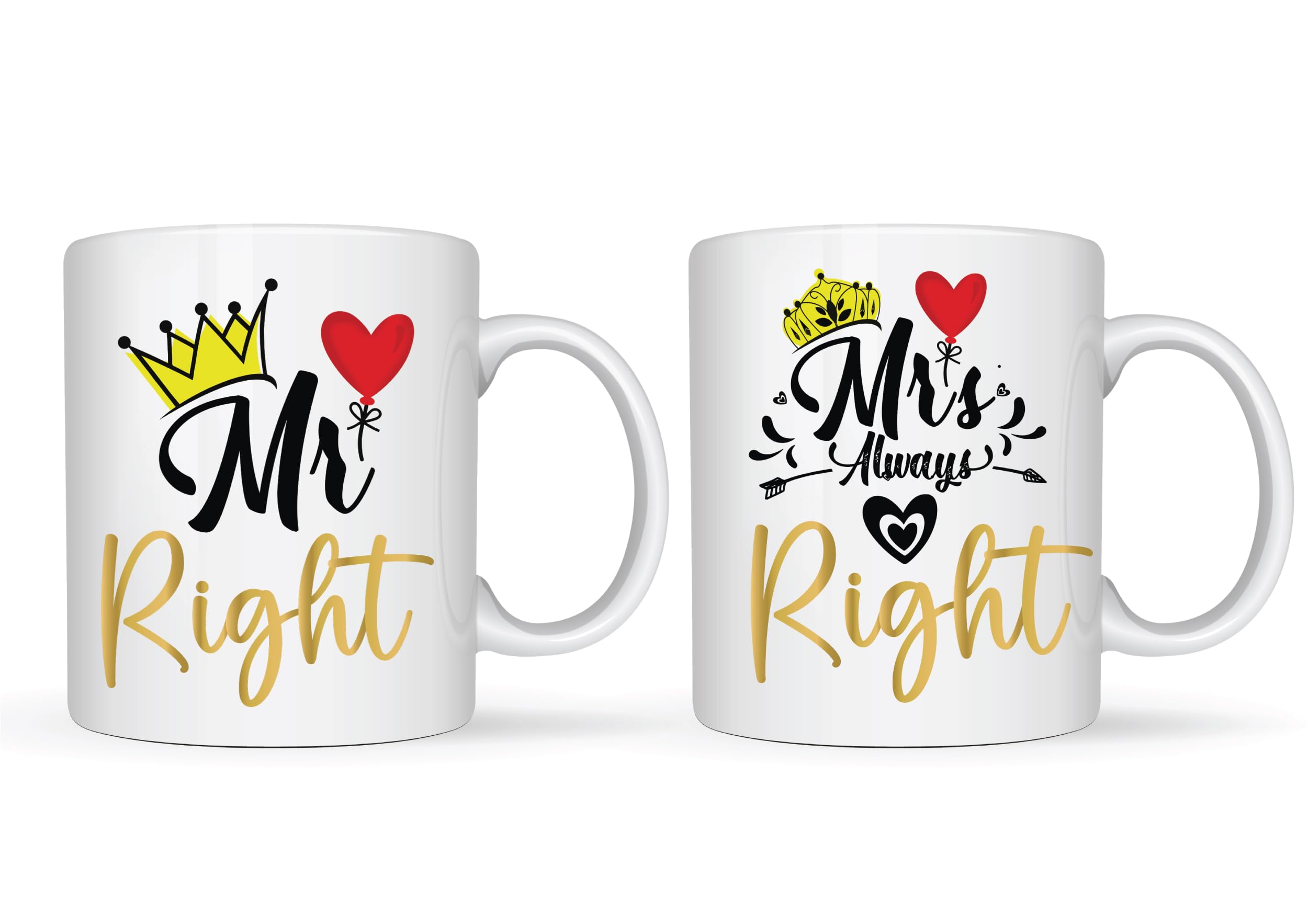 OM Print Hub Mr Right and Mrs Always Right Novelty Coffee Tea Mugs 11oz Set Couples Gift for Husband Wife Bride & Groom Valentines Wedding Christmas Anniversary Newlyweds Gifts (Design 1)