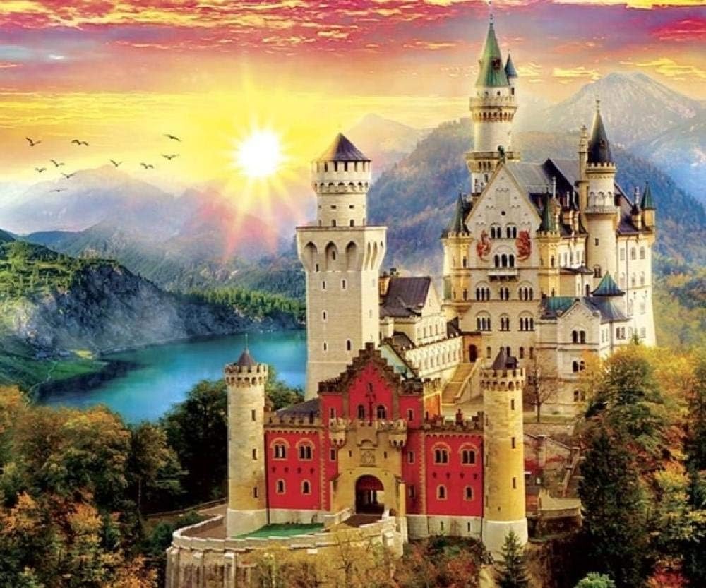 5D DIY Diamond Painting by Number Kit,Neuschwanstein Castle Sunset,Oyqn Large Size Full Drill Mosaic Making Cross-Stitch Patterns Rhinestone Arts Craft Animal Landscape Diamond Painting Gift_50X60Cm