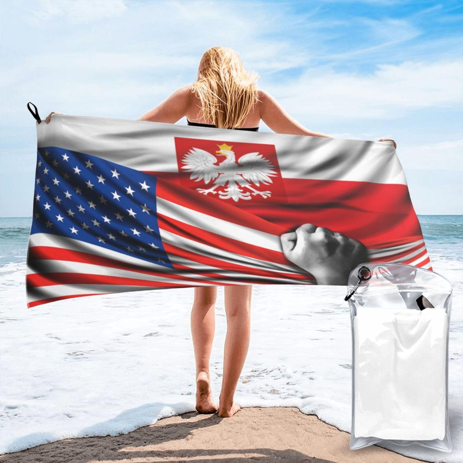 HACXZ Beach Towel America Flag and Poland Poles Flag Microfiber Beach Towel Lightweight Absorbent 27.5"X55"