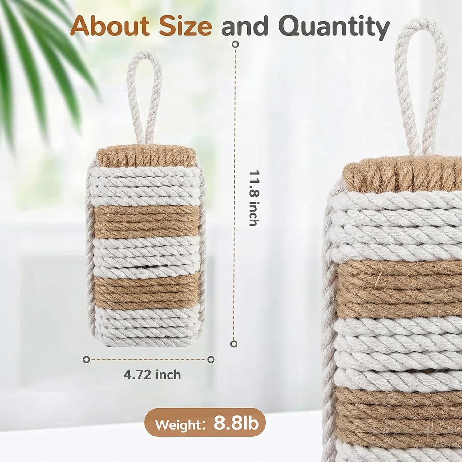 MorningRo Rope Door Stop Decorative Door Stop with Handle 4.72 ''d x 8.66''h 8.8lb Square Heavy Weighted Stoppers for Outdoor Inside Window Home to Keep Open New Home Gift Bookend White and Brown