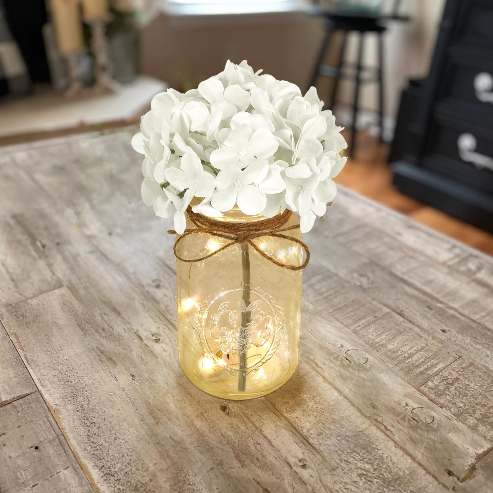 Juego de 3 luces de tarro Mason, hortensias blancas, decoración de mesa navideña