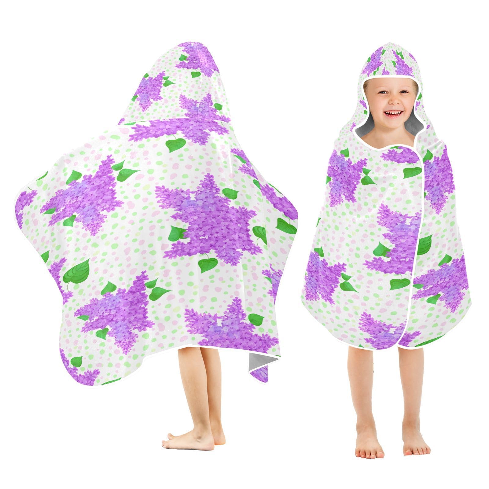 Nesatuwa Hooded Towel for Kids,Lilac Floral Pattern Kids Beach Bath Towels Soft Absorbent Quick Dry Poncho Towel for Girls Boys