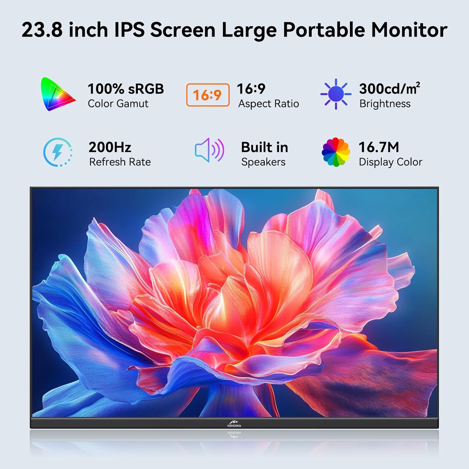 Kenowa 23.8" Large Portable Monitor 200Hz, IPS FHD 1080P Freesync External Monitor with USB-C HDMI Gaming Display Dual Speakers Adjustable Stand for PC Laptop Computer Mac Phone Xbox PS4/5 - Image 2