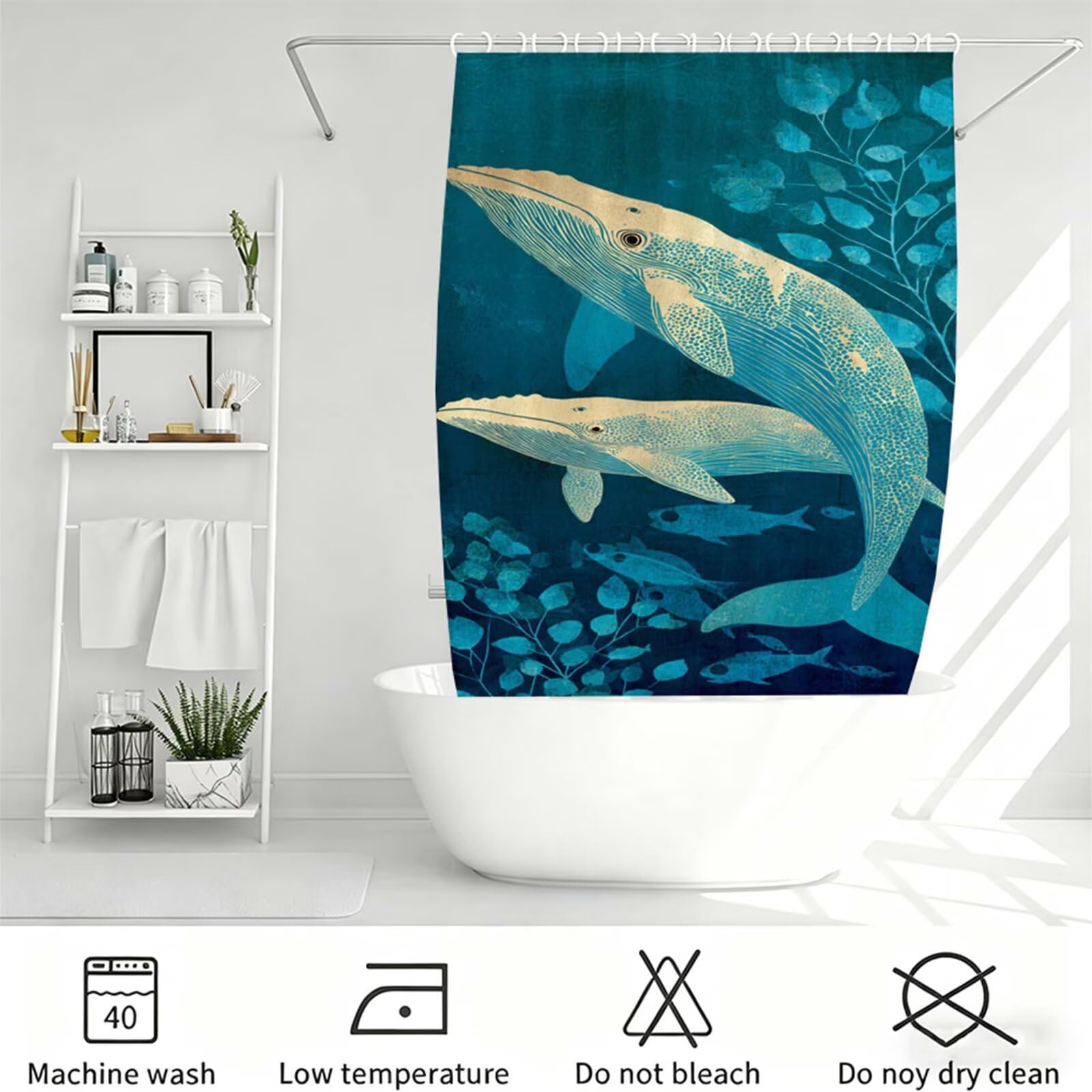 Rideau Douche Turquoise 230x180cm Rideau de Douche baleine Shower Curtain–Impression Polyester Tissu–avec œillets et 12 Crochets–Tissu Lavable en Machine–Imperméable–pour Salle de Bain–Hôtel J-1012