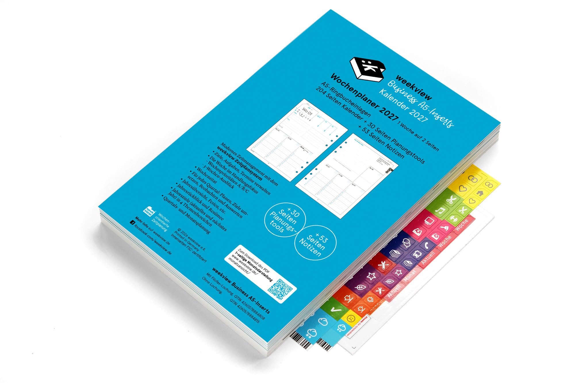 weekview Business Einlagen 2027, A5 – Wochenplaner, 1 Woche auf 2 Seiten, inkl. 64 Seiten Planungstools, Notizteil, Griffregister und Sticker – Filofax-A5-Lochung, 90g Papier, Made in Germany