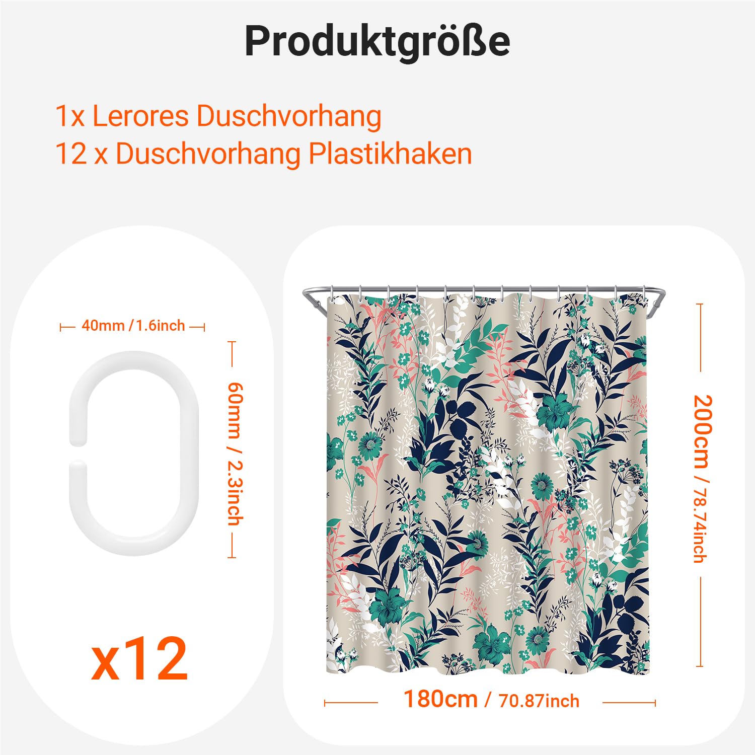 Lerores Shower Curtain, 180 x 200 cm, Blue Grass Flower Motif, Weighted Hem, Anti-Mould, Water-Repellent - Image 2