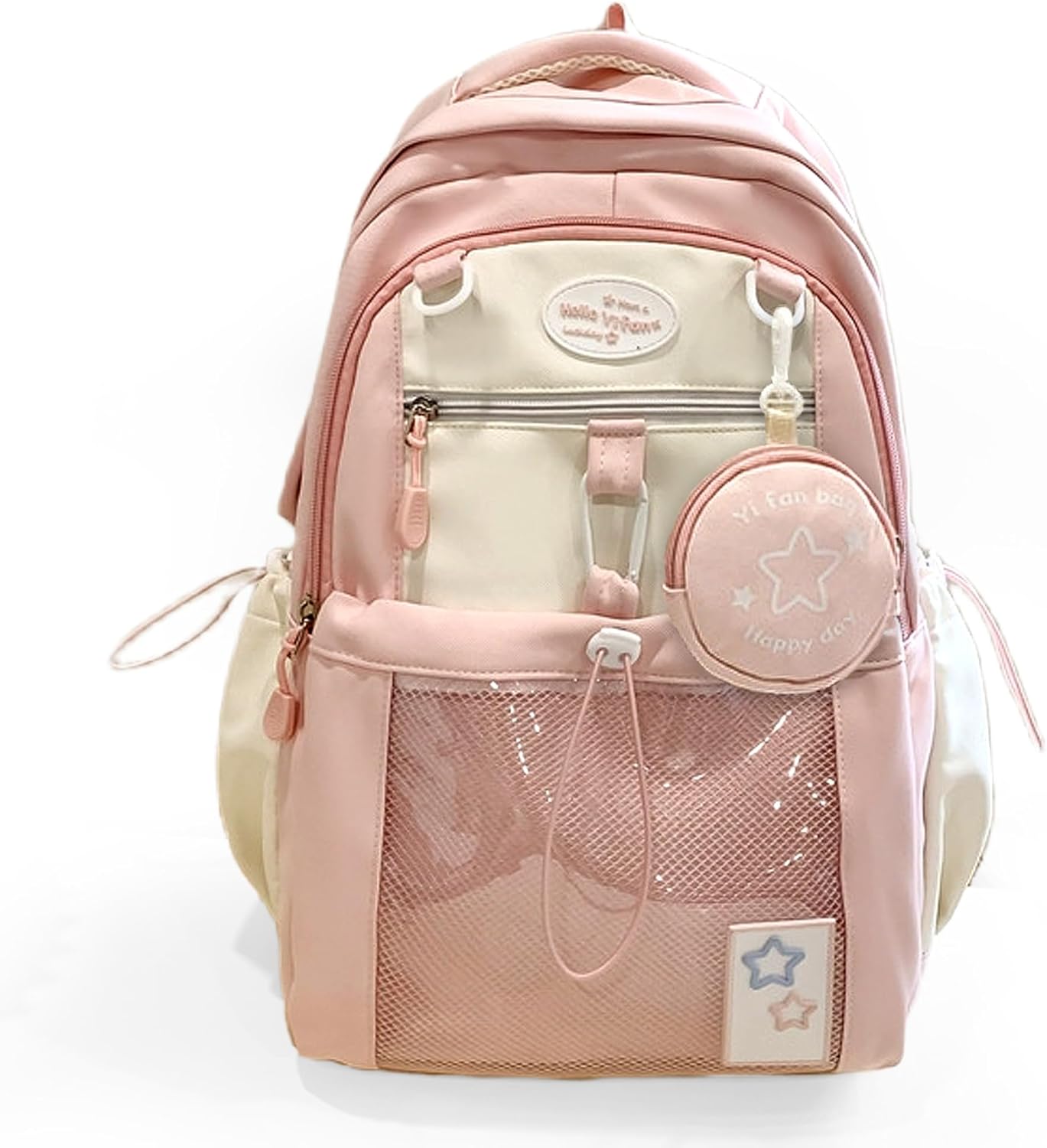 UINSUE Kawaii Backpack Double Shoulder Bag with Cute Star Removable Pouch Clear Pocket Large Capacity Dopamine Colors Daypack (Clear Pink)