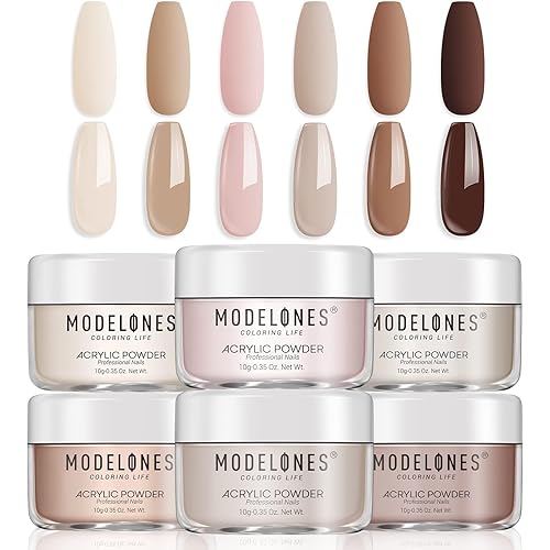 Modelones Nude Acrylic Powder 6 Colors Acrylic Nail Powder Kit Chocolate Brown Latte Soft Tones Cover Powder for Nail Art Extension No Nail Lamp Needed (C2-Going Nude)