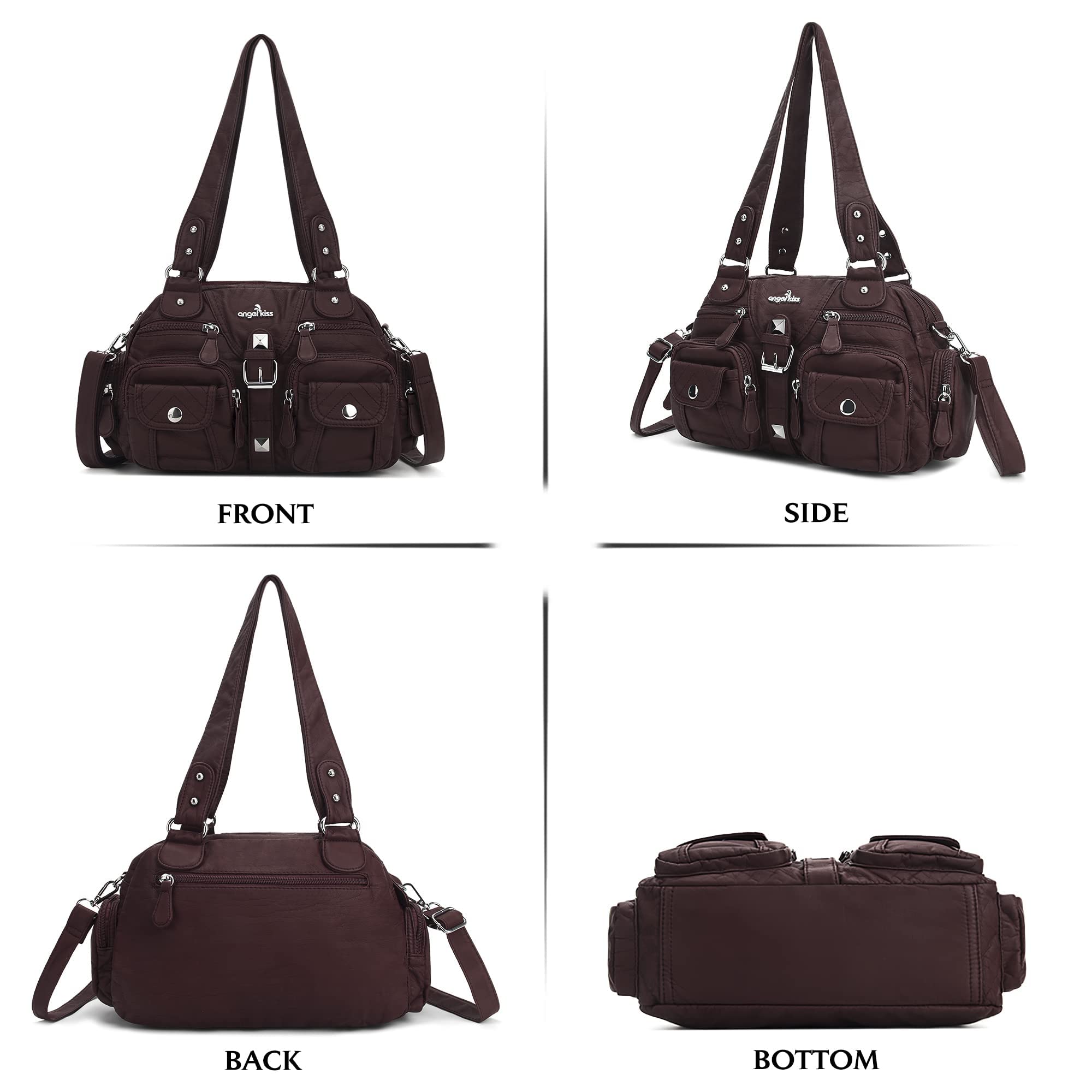 Angel Kiss Hobo - Borsa a tracolla da donna, multitasche, morbida, con tracolla rimovibile, in pelle