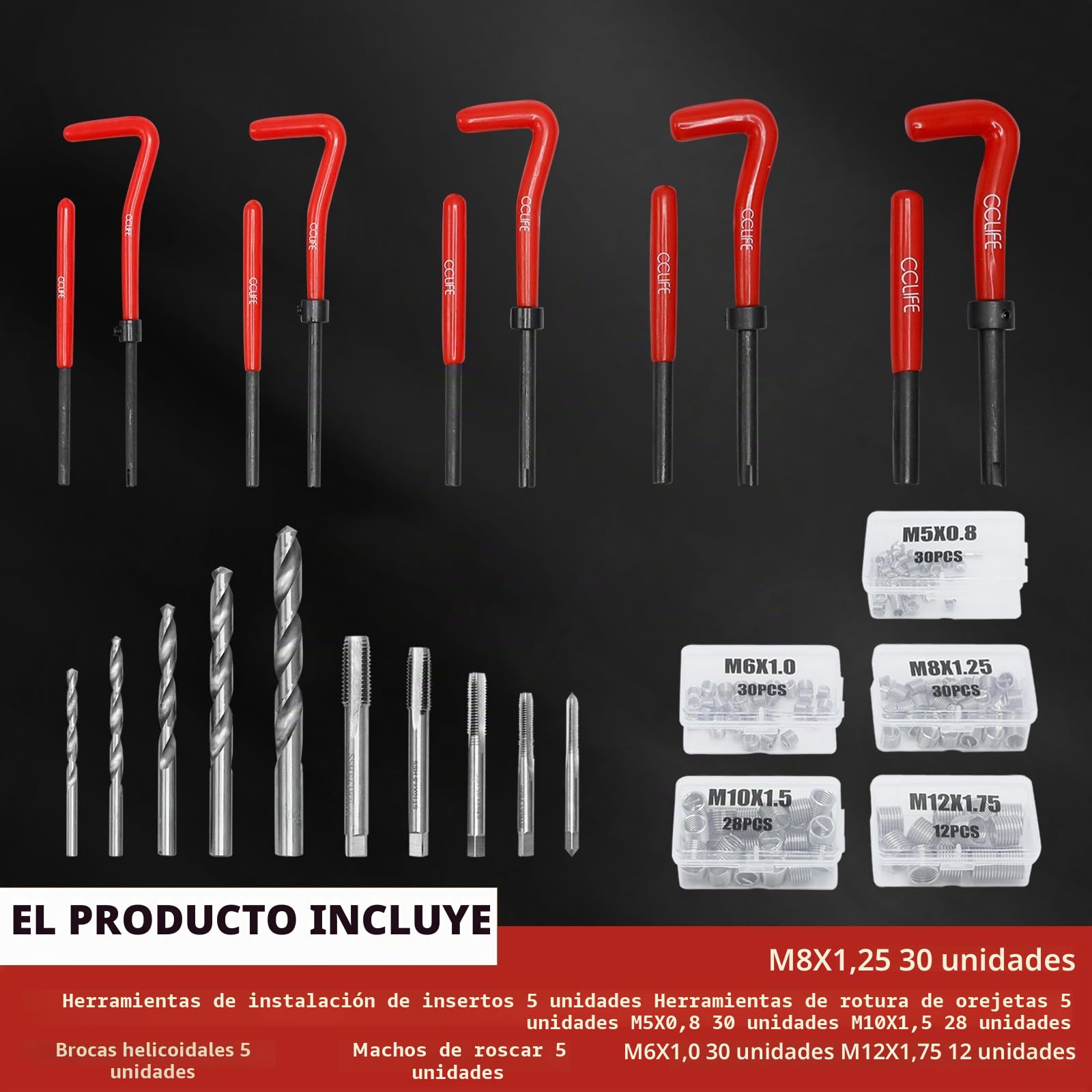 CCLIFE Juego de reparación de roscas, 150 piezas, HSS Helicoil Set con rosca M5, M6, M8, M10 y M13, juego de herramientas con almacenamiento portátil