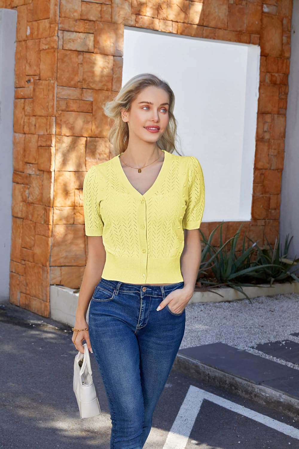 GRACE KARIN Cropped Cardigan Sweaters for Women Short Sleeve Crochet Knit Bolero Shrug V-Neck Button up Tops - Image 3