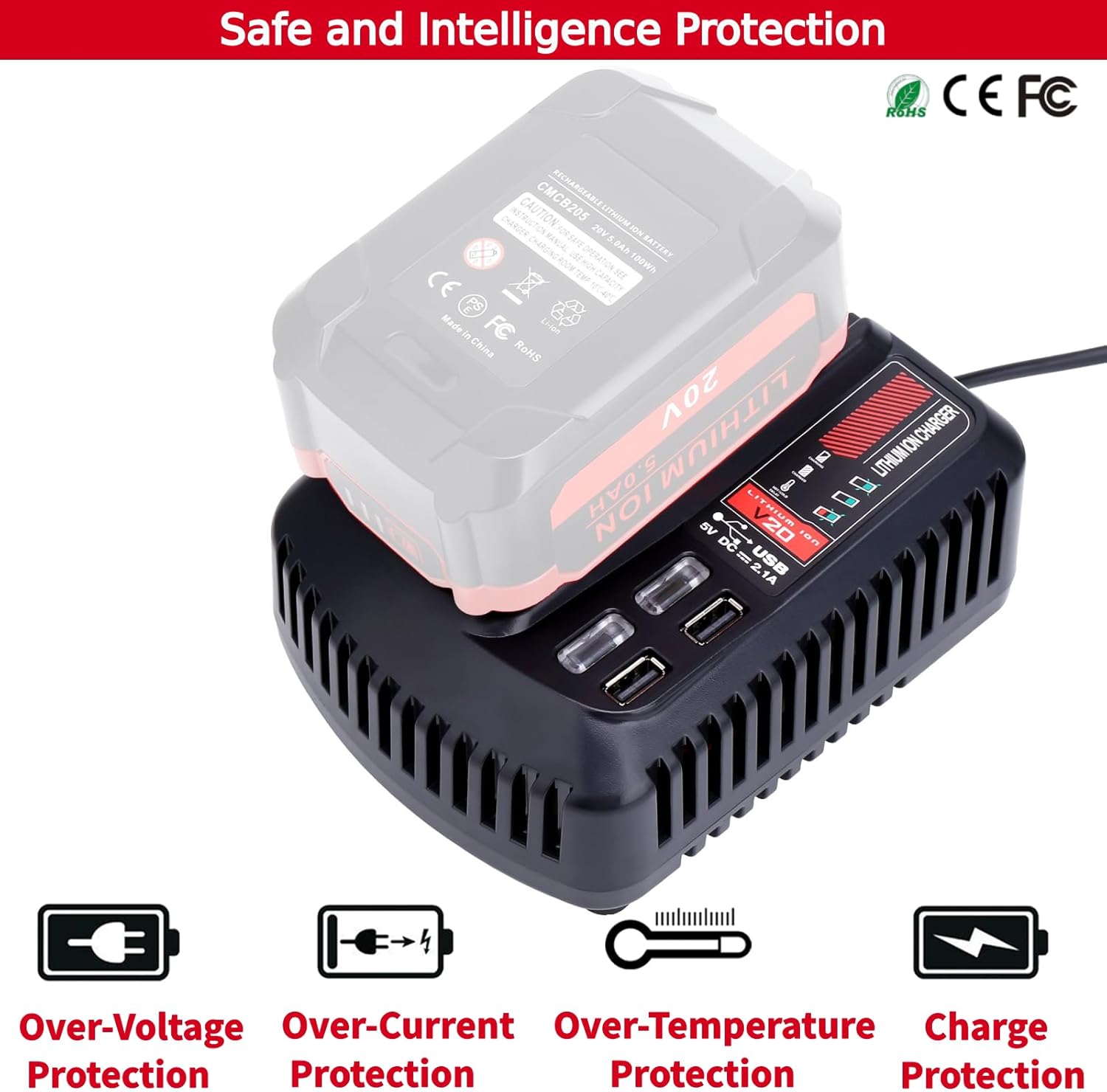 CMCB104 Fast Charger Compatible with Craftsman 20v V20 Lithium Battery CMCB201 CMCB202 CMCB205 CMCB209 CMCB206 CMCB202-2 Replacement for 20v Battery Charger CMCB100 CMCB102 CMCB124 - Image 5