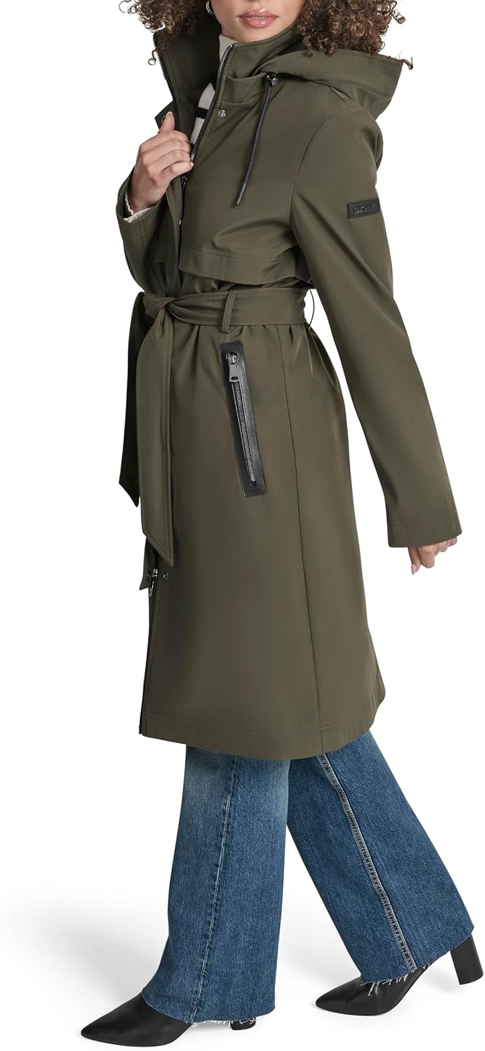 DKNY Women's Hooded Belted Trench Coat – Long Water-resistant Lightweight Jacket With Faux Leather Trimmmed Zipper Pockets - Image 3