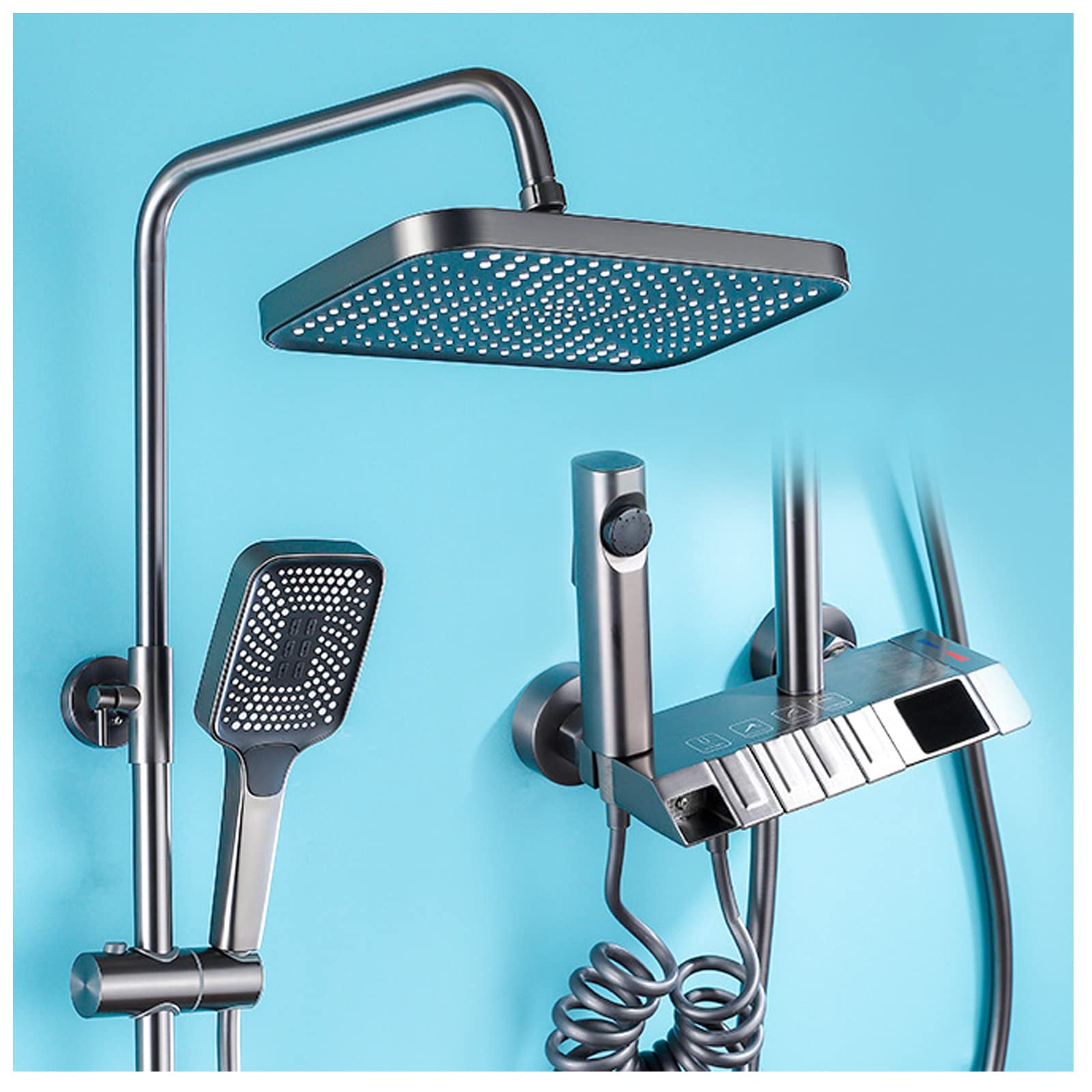 Système de douche complet avec robinet exposé 4 fonctions et colonne thermostatique