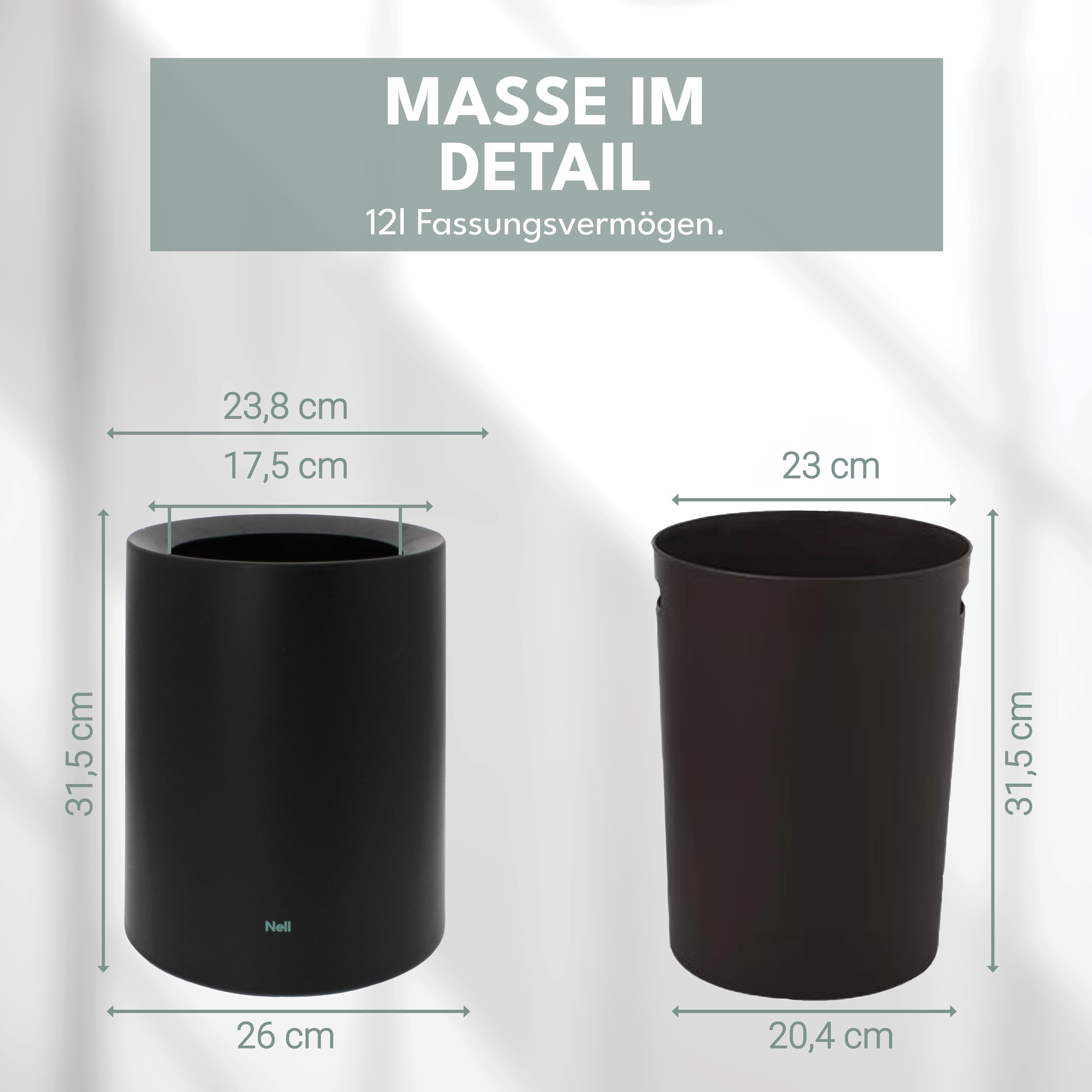 Nell Cubo de basura para oficina de 12 litros, color negro mate, ideal para oficina, cocina y salón, elegante y versátil, plástico duradero, elegante y práctico (negro, 12 l sin tapa)