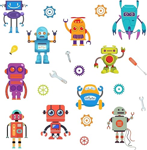 Miniatura 2 de PLIGREAT 23 calcomanías de pared de robot, calcomanías de pared para despegar y pegar, divertidas calcomanías de pared de robot de dibujos animados