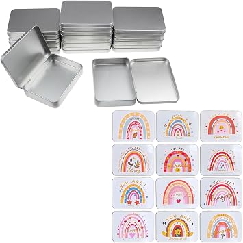 Rectangular Silver & White Metal Tins with Lids Bundle, 4.5 x 3.3 x 0.9 inch