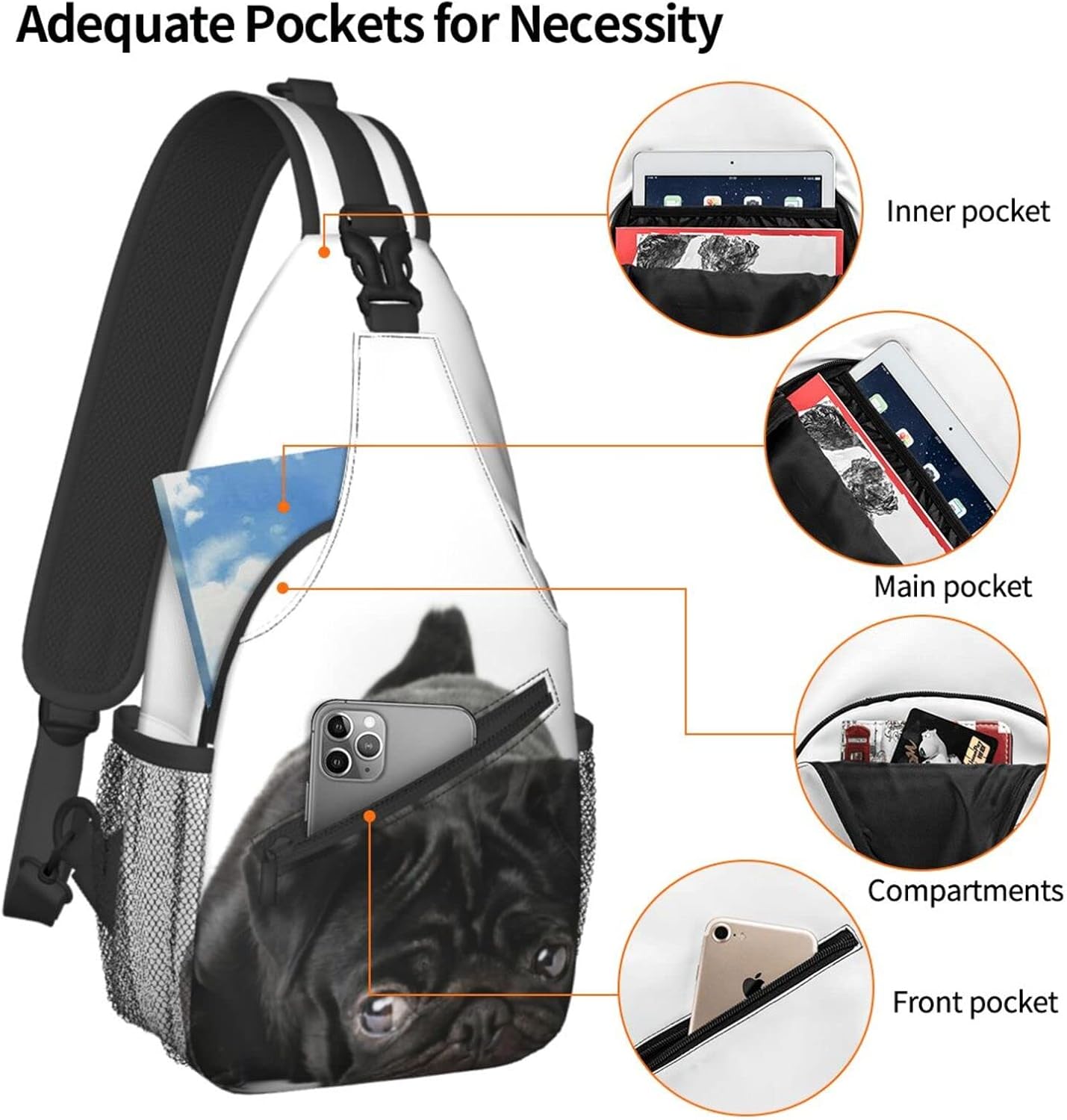 bassyil Black Pug Dog Sling Bag Crossbody Travel Hiking Chest Backpack Shoulder Daypack for Women Men - Image 5
