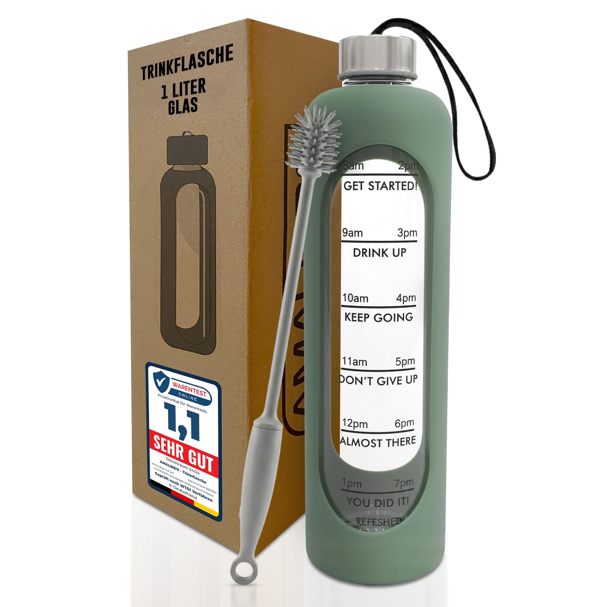 Amalindo Trinkflasche Glas 1L – kohlensäuregeeignet – mit Bürste & Silikonhülle – Olivgrün