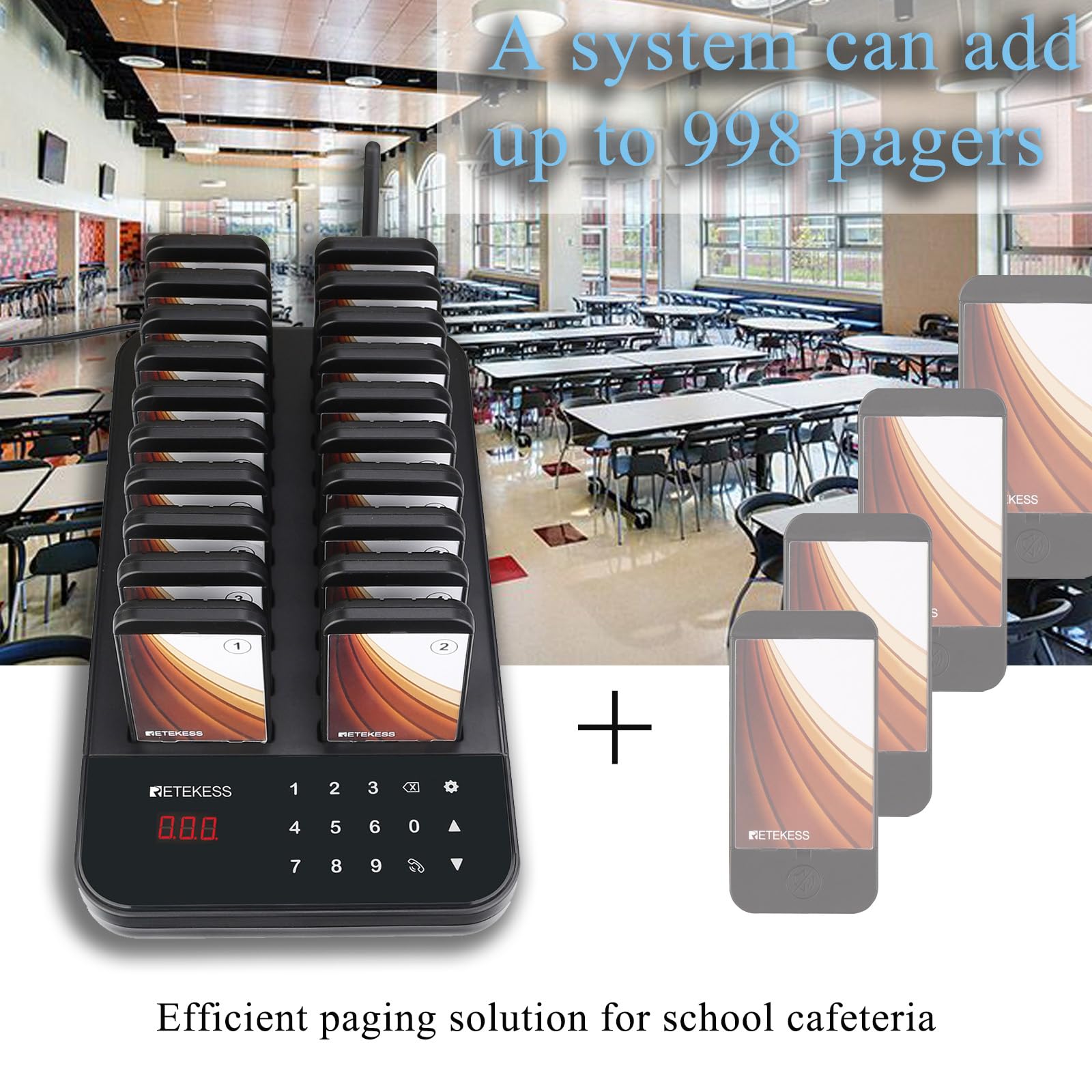 Retekess TD173 Bipeurs pour Restaurant, 20 Bipper, 500M Distance Beeper Restauration, 7 Mode d’Appel, 1-999s Rappel, Surface Personnalisable du Bipper, pour Camping Hôtel, Bar