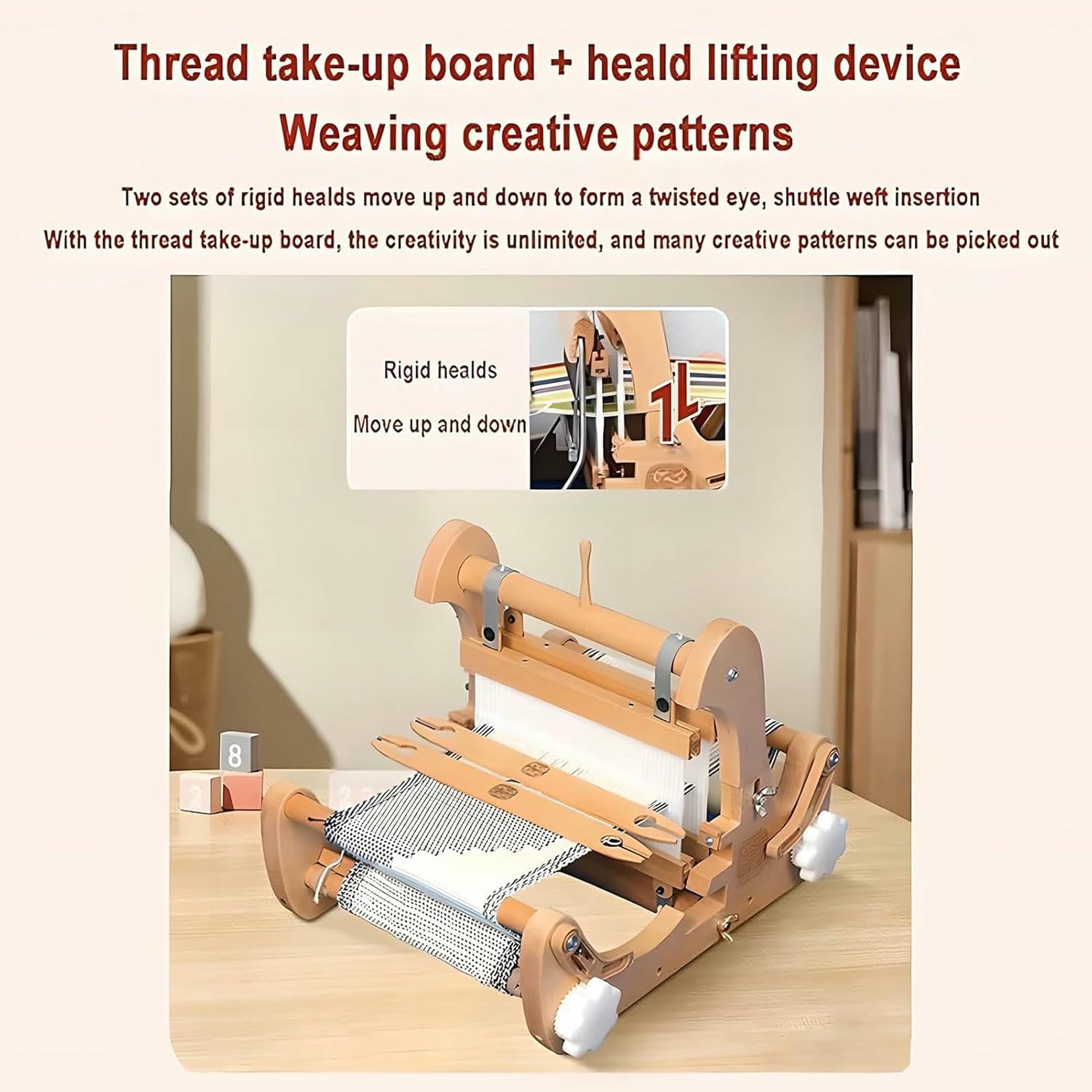 Tischwebstuhl aus Holz, faltbares Handstrick-Webmaschinen-Set mit maximaler Webbreite von 20 cm, Webrahmen-Webstuhl mit 4 Arten von Starren Litzen, für Anfänger, Kunsthandwerker