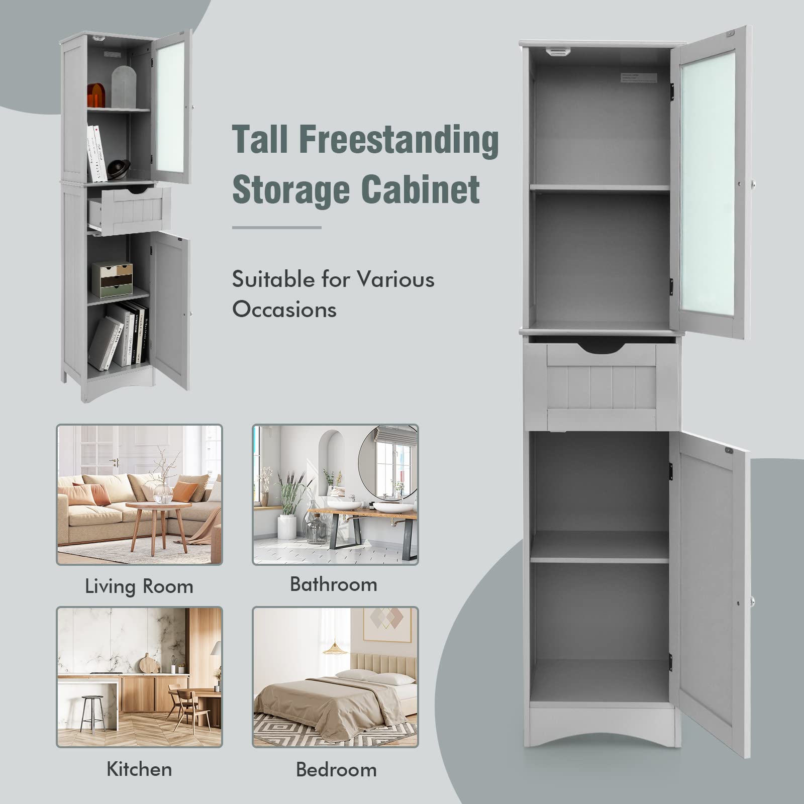 Giantex - Mueble de columna de baño, 170 cm, armario con 2 estantes ajustables, 2 puertas y 1 cajón, vidrio templado esmerilado, mueble de almacenamiento para inodoro, sala de estar, dormitorio (gris)