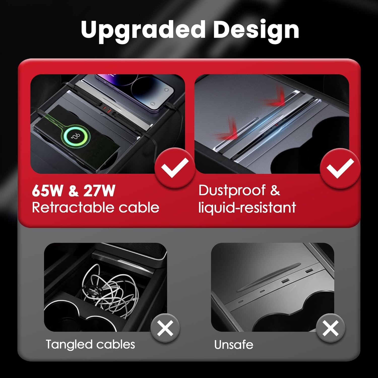 Center Console Armrest Cover for Model Y/3, Soft Leather Pad Armrest Protector and 65W Fast Charging USB Hub, 4-in-1 Multi Ports & Retractable Cable
