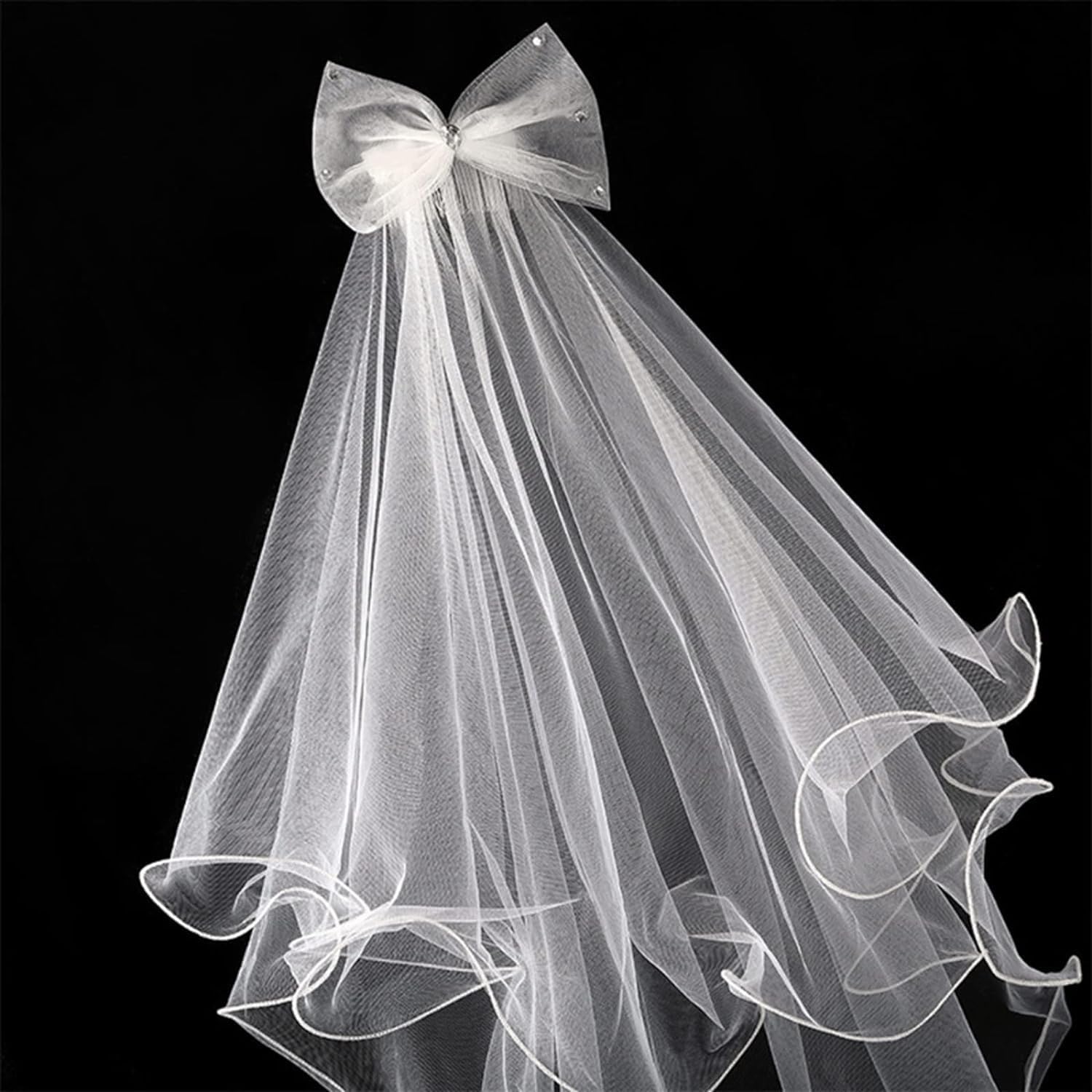 Bridal Tulle Cute Mesh Bow Veils With Rhinestones Ruffle Shoulder Veil With Comb Wedding Veil For Women's Bridal Tulle Veil
