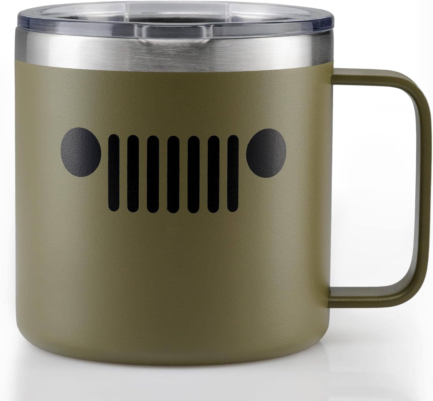 Jeep Stainless Steel Camper Mug 14oz with FREE Sticker Pack - Double Wall Copper Insulated for Hot & Cold Drinks, Powder Coated, Splash Resistant Lid (Green)