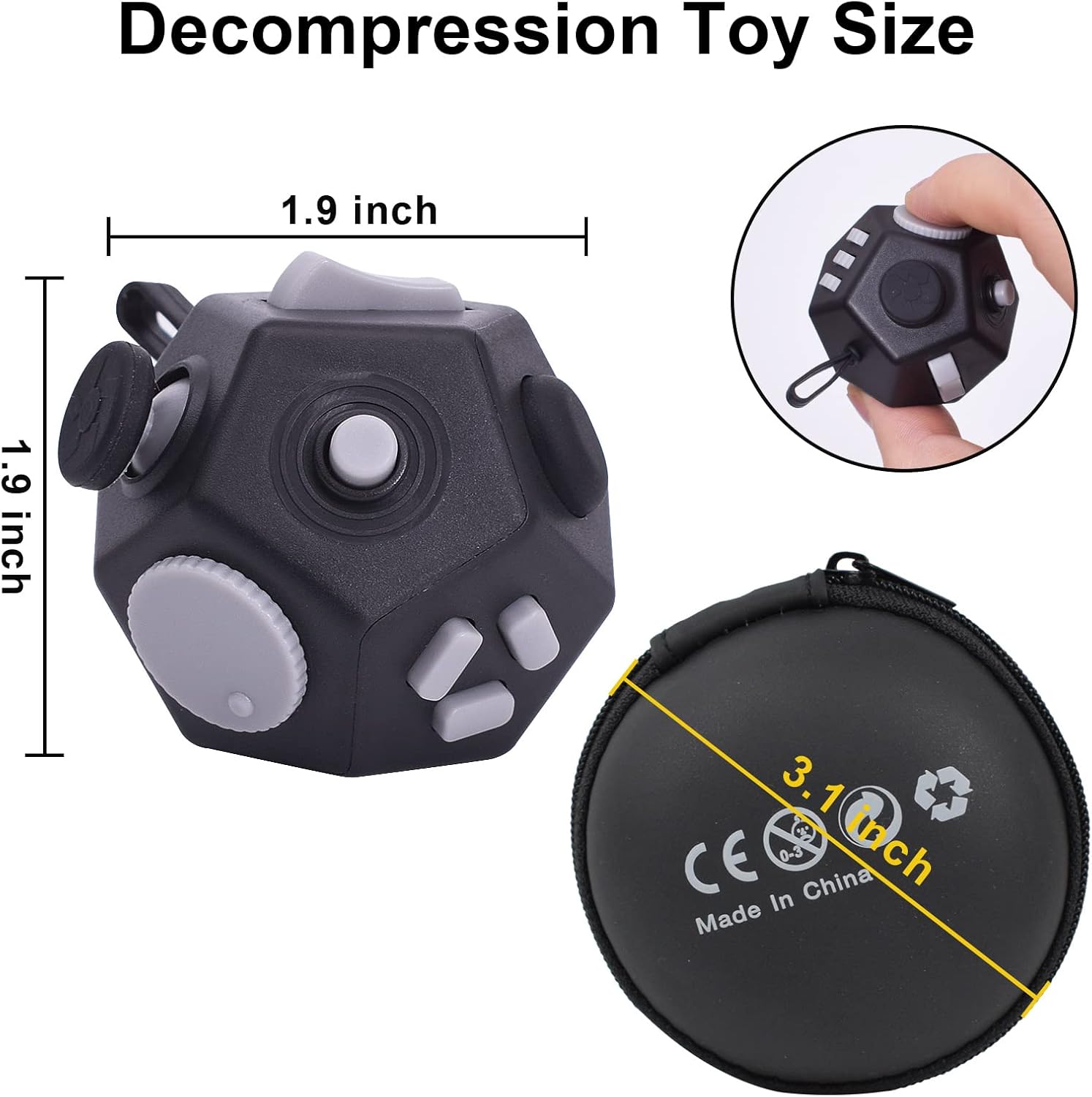 UOOEFUN Mini Fidget Toys Cube,12 Sided Cube Toys Relief Stress,Anxiety, Depression,Autism for Kids Adults Improve Focus and Kill Time (Black)