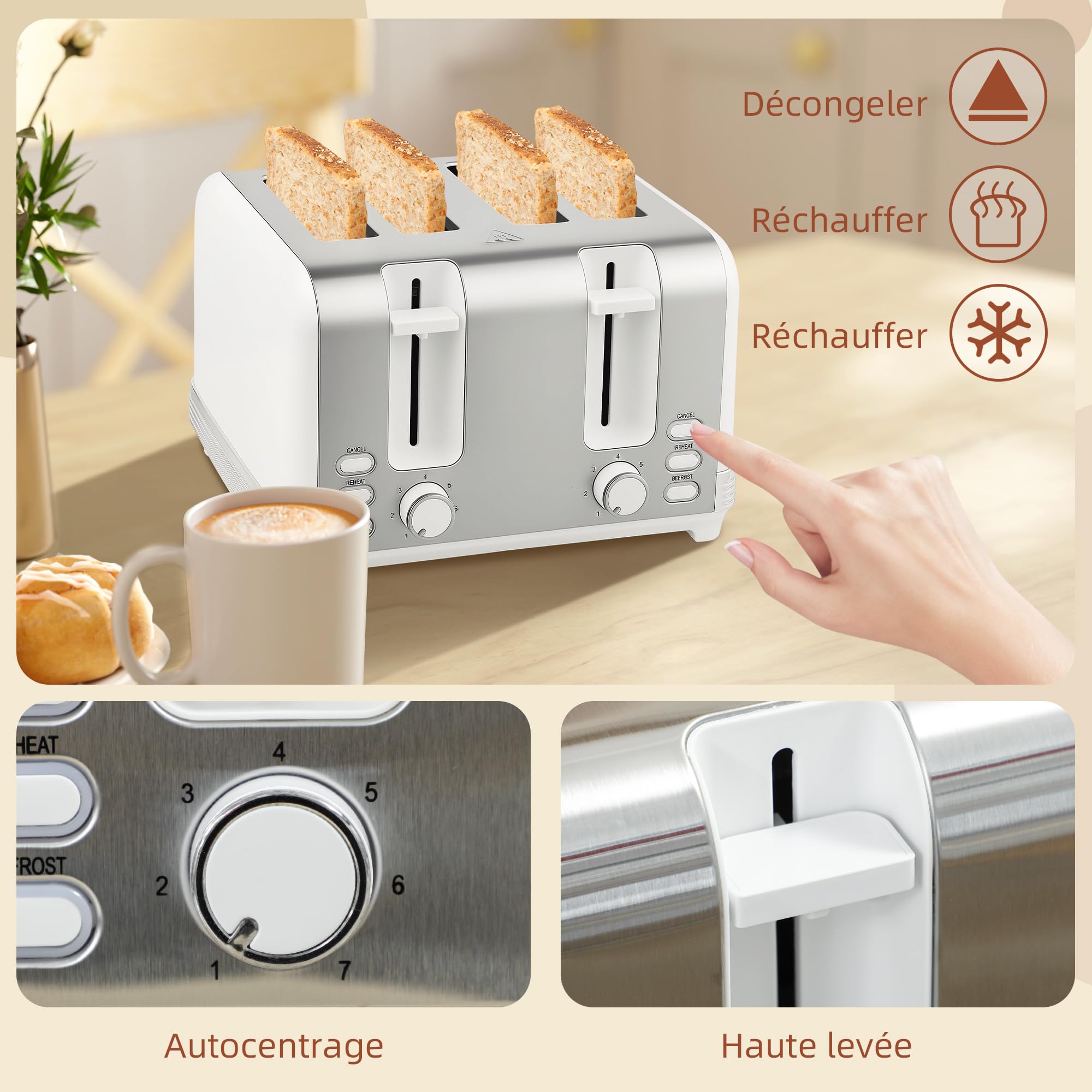 HOMCOM Ensemble bouilloire et grille-pain en inox 2200 W et 1,7 L, grille-pain 4 tranches, 7 niveaux de brunissage, chauffage rapide, thermostat Strix, filtre anticalcaire et plateau à miettes, blanc