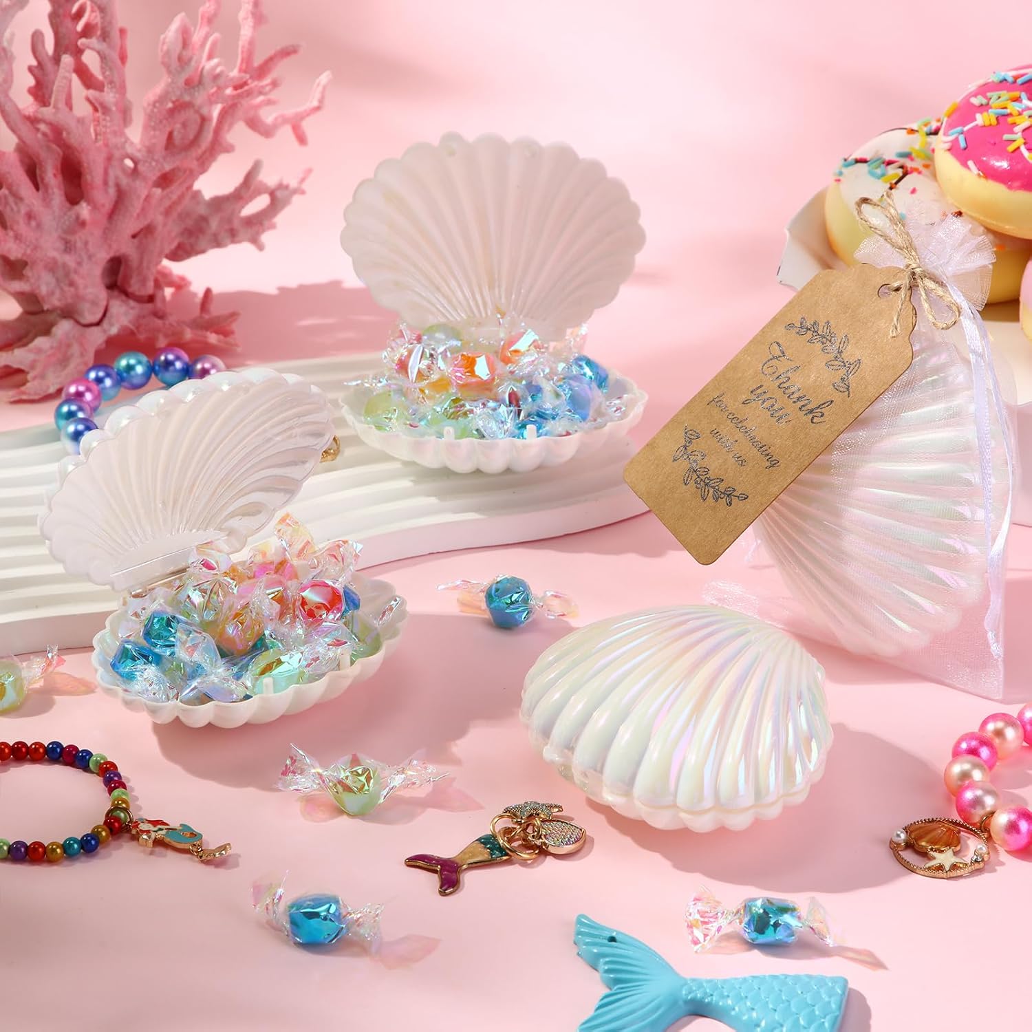 Yungyan 72 Pcs White Seashells Mermaid Birthday Party Decoration Favors 24 Plastic Seashells Candy Boxes Clam Treat Holders 24 Thank You Tags and 24 Bags for Wedding Birthday Mermaid Ocean Party