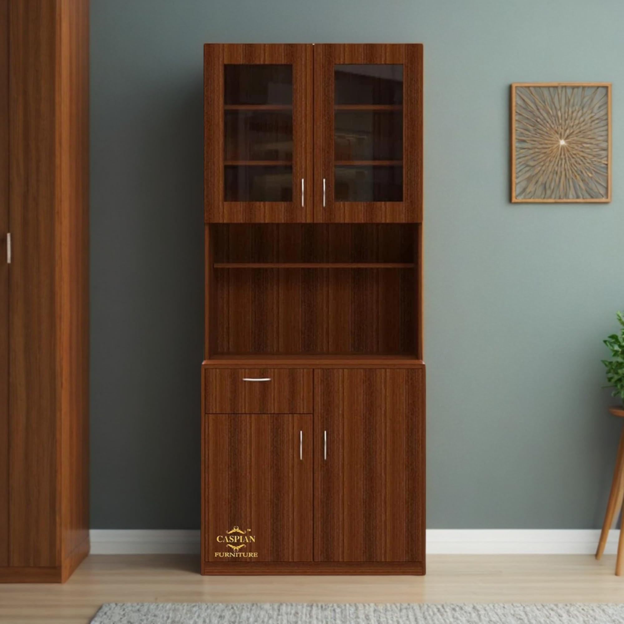 Multipurpose Wooden Cabinet (Rainforest Brown) | Glass Door Showcase | Engineered Wood | Use as Bookshelf & Kitchen Crockery Unit | for Bedroom, Living & Study Room, Home & Office