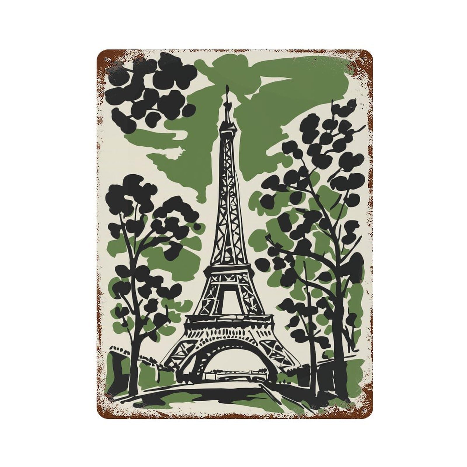 Eiffel Tower Illustration with Trees 15.7"x11.8" Rust Effect Tin Sign, Vintage Wall Decor for Farmhouse, Kitchen And Entryway Decor