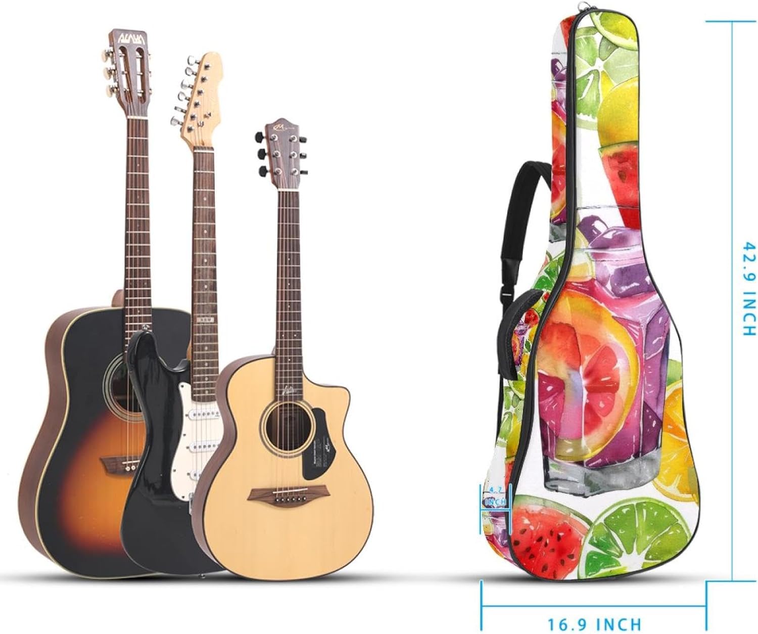 Acoustic Guitar Bag, 40 41 42 Inch Guitar Case Cover Soft Guitar Gig Bag for Acoustic Electric Bass Classical Guitar, Watercolor Threads of Lemon Lime Watermelon