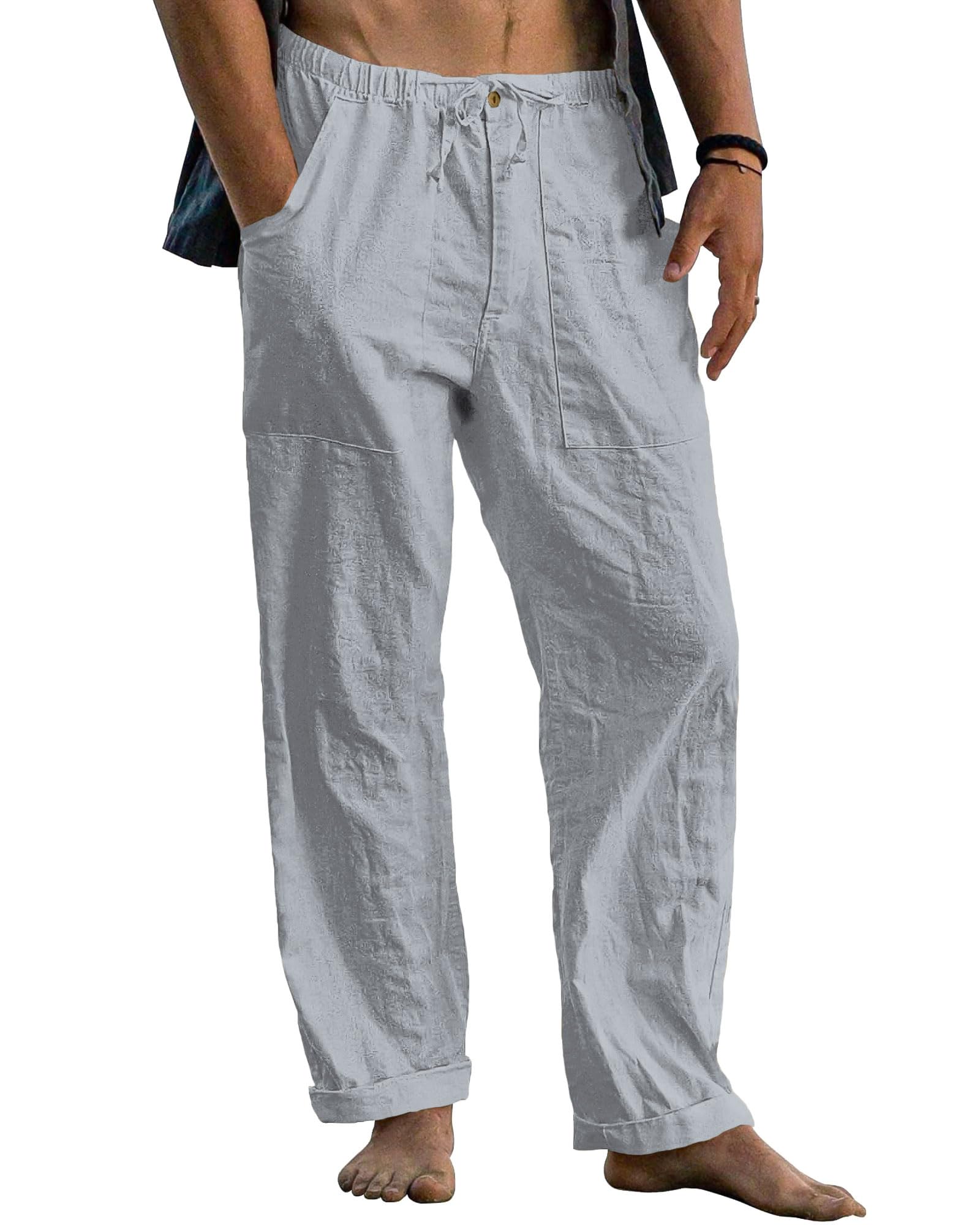 Cegerne Herren Leinenhose Lang Leicht Sommerhose Freizeithose mit Elastischem Bund und Kordelzug für Strand Urlaub Mittelalter Yoga Vintage Alltag