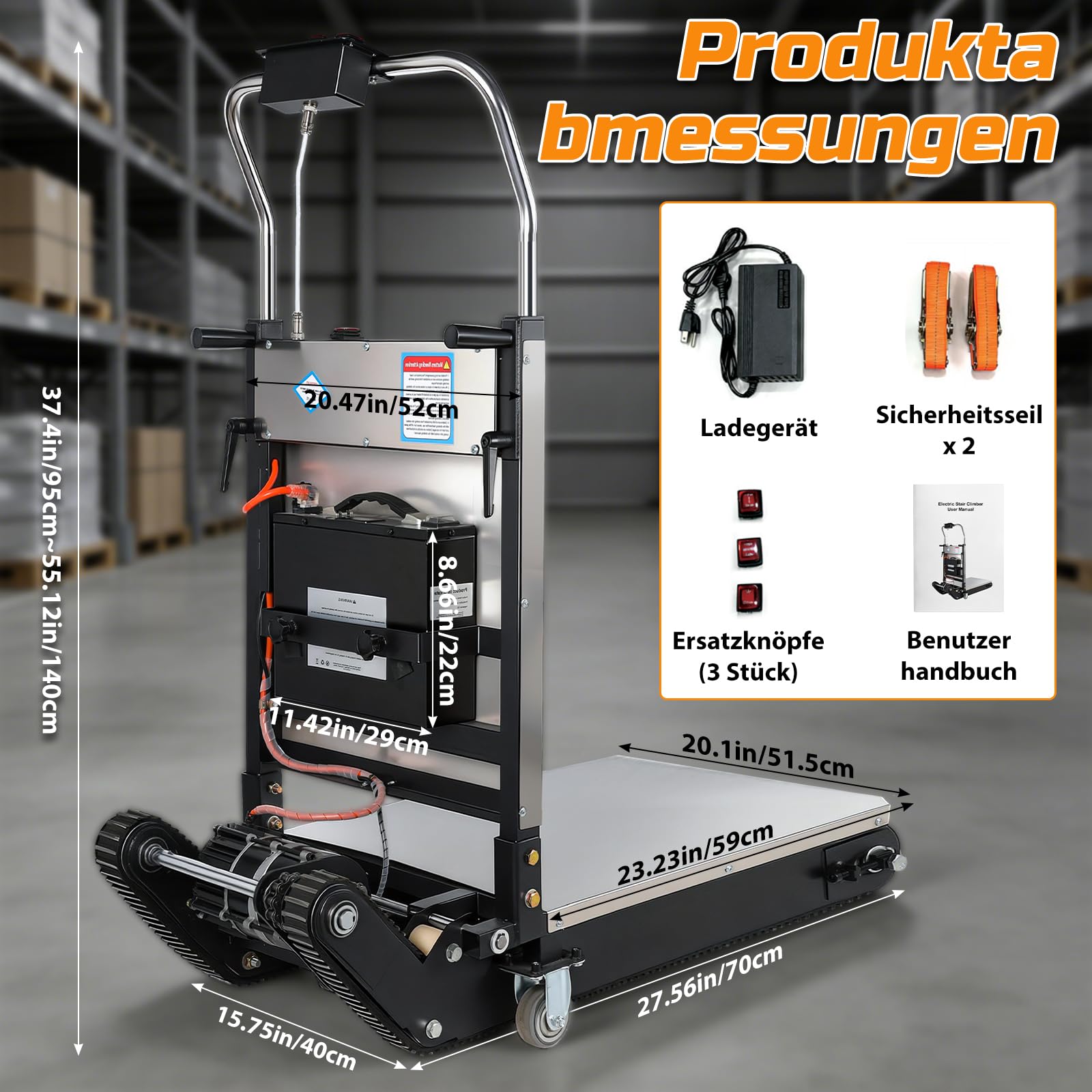 1250W Elektrische Sackkarre mit verlängert Gummiketten &Tragplatte, Elektrischer Treppensteiger 410kg Tragkraft, Treppen & Abstiege BewäLtigen, Treppensteiger mit für Möbeltransportieren