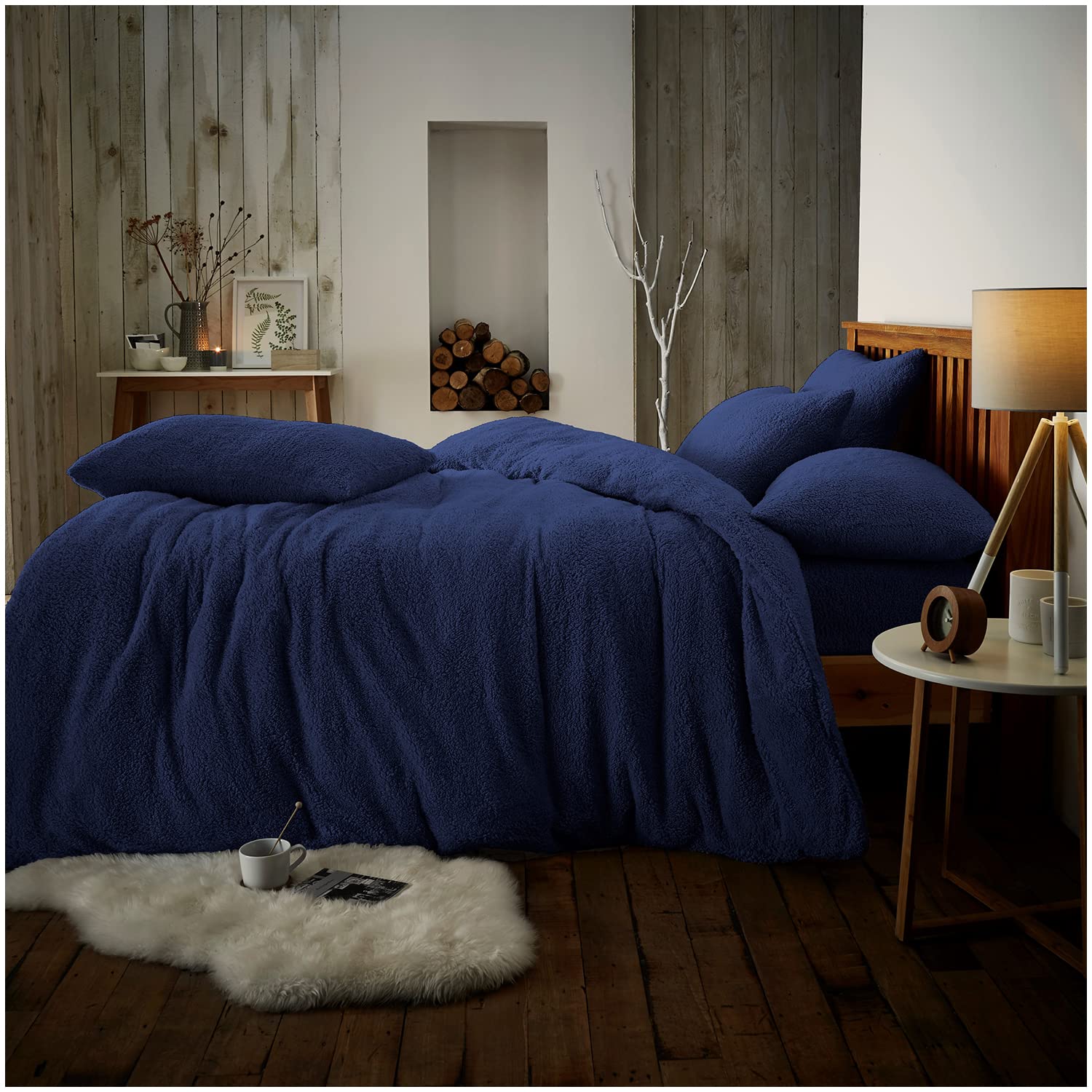 GC GAVENO CAVAILIA Teddy Duvet Cover Double - Fleece Bedding Set with Pillowcases - Navy