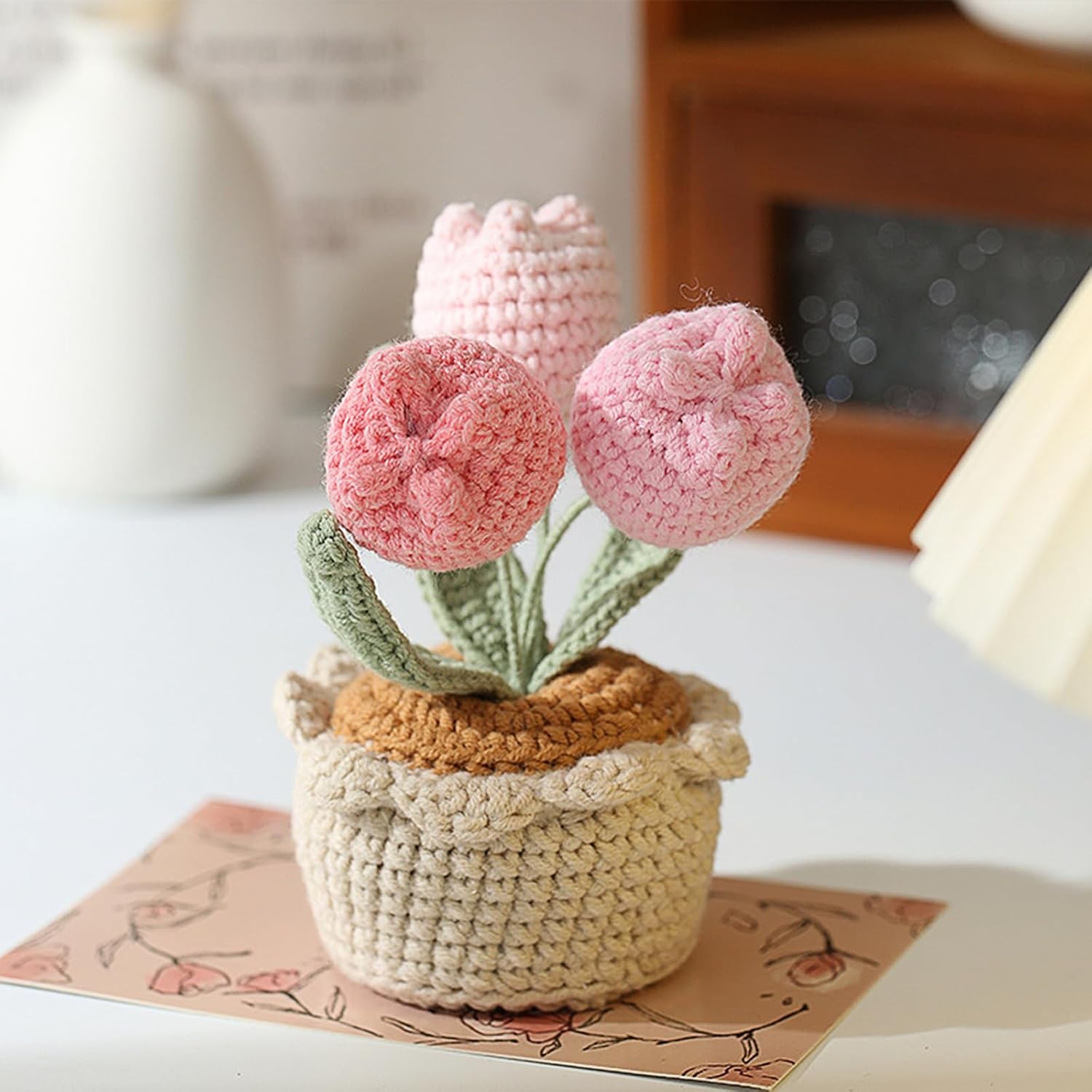 Tulips Crochet Flowers Potted Plants, Three Tulips in One Artificial Flower, Knitted Flowers Desk Home Decor, Forever Tulips Gifts for Mother's Day, Valentine's, Thanksgiving (Pink)