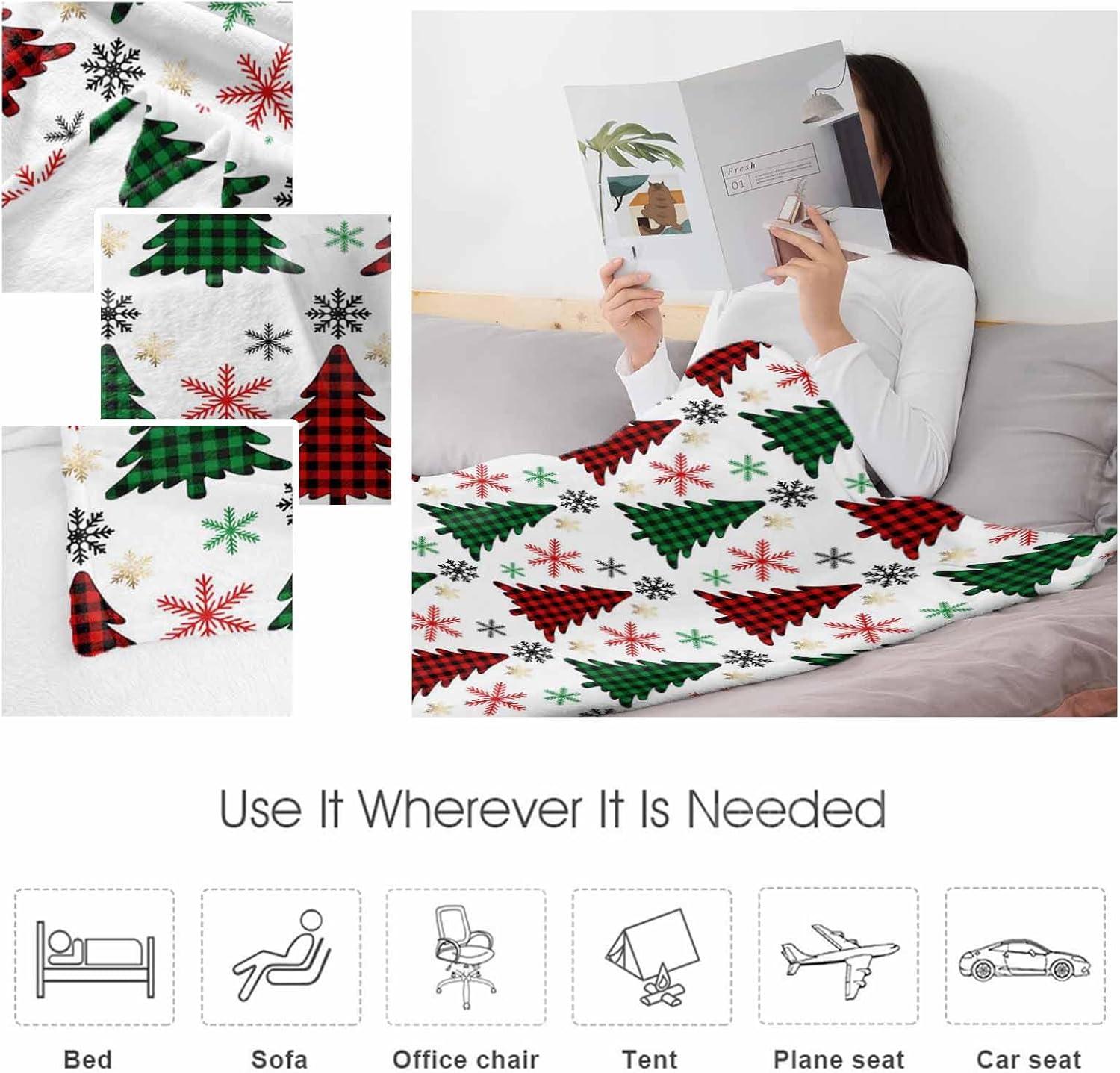 Christmas Twin Blanket Soft Cozy Blankets for Bed, Plush Fluffy Winter Red Green Throw Blanket for Couch, Warm Xmas Buffalo Plaid Tree Snowflake Fuzzy Blankets for Sofa Living Room Decor 60"x80"