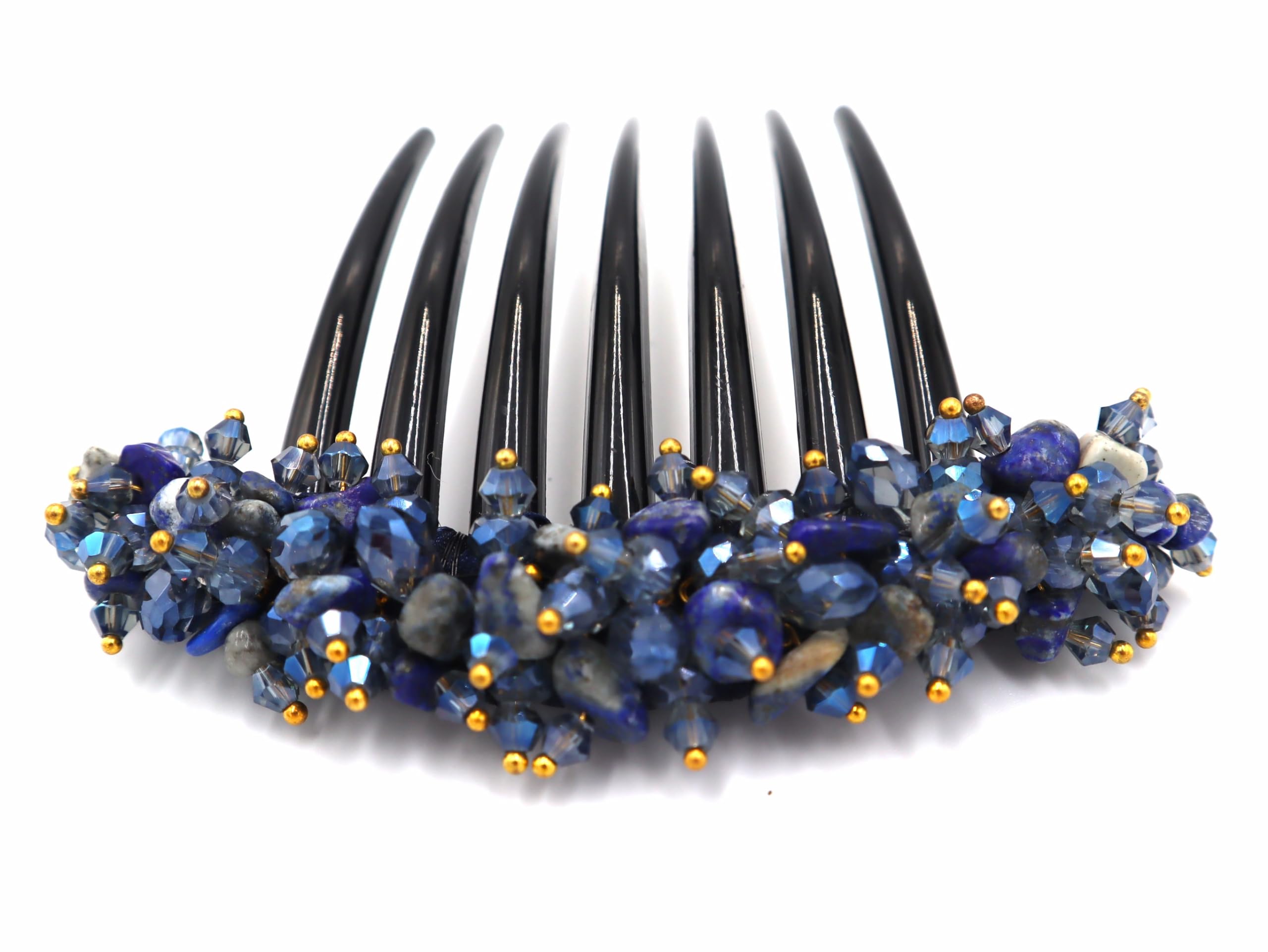 Thai Hair Comb, Blue, French Twist, Plastic, Handmade From Thailand, 3.5 x 4 Inch, Ornamented with Stones, Ideal for Weddings or Glamorous Evening