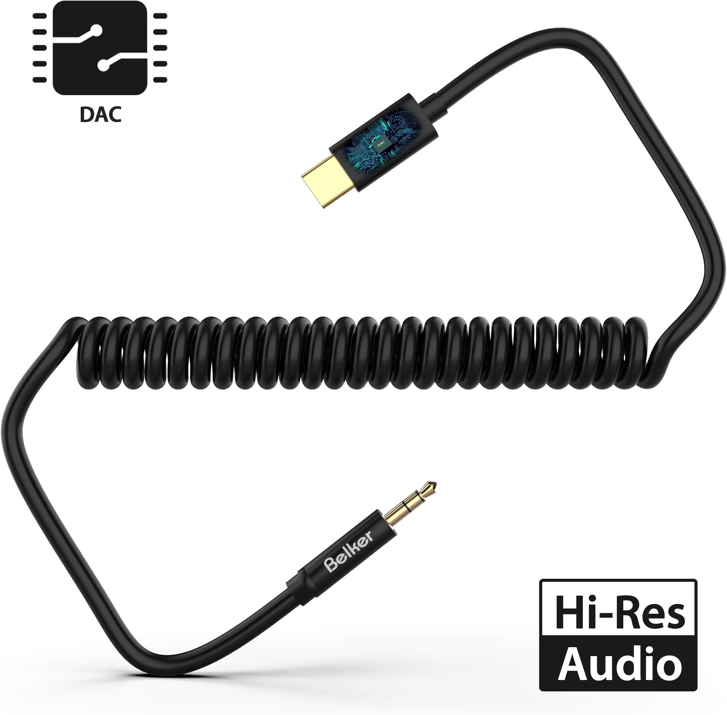 Belkertech Spring USB C Aux Cable, Spring Type C to 3.5mm Audio Headphone Jack Adapter for Car with DAC Chipset for Pixel 3/3XL, Pixel2/2XL,Moto Z,Huawei Mate 10 Pro,New IPad Pro 2018 /Black