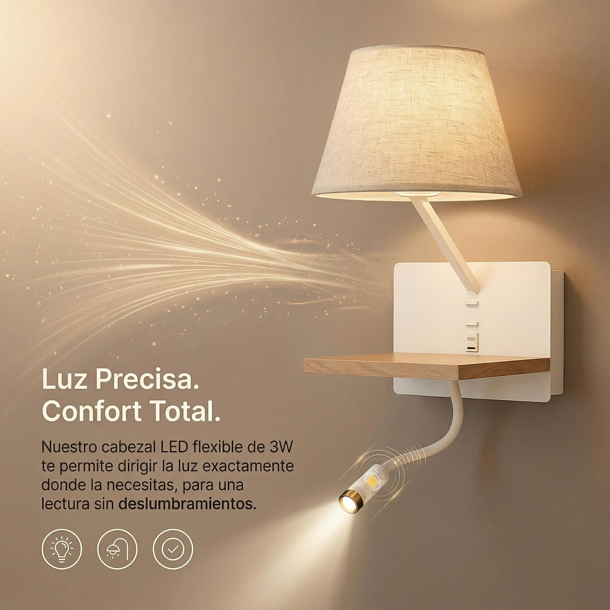 BARCELONA LED applique da parete con paralume in tessuto BEIGE, USB e USB-C ricarica, mensola in legno, luce lettura LED E27, stile naturale retrò industrial moderno minimalista classico camera
