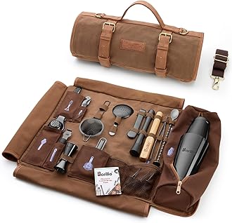 barillioBartender Kit Bag with Black Cocktail Shaker Set - Waxed Canvas, Traveling Bar Tools Bag with 17-Pc Cocktail Kit - Travel Mixology Bartending Kits - Mobile Bar Roll with Strap & Accessories
