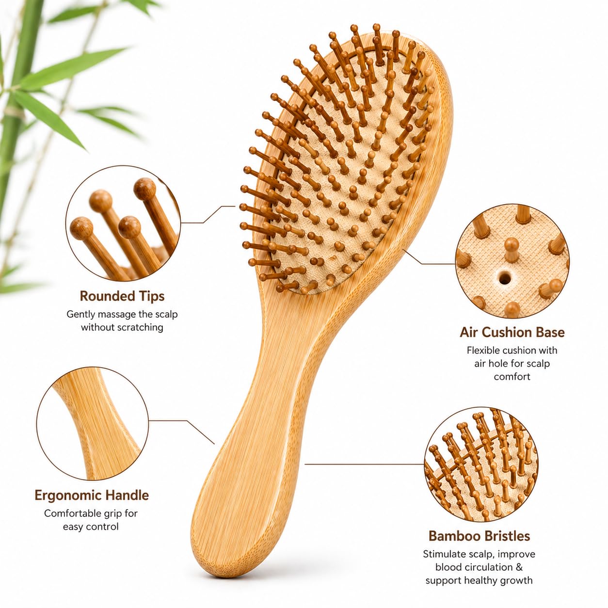HEAVY DRIVER Natural Bamboo Paddle Hair Brush with Cushion Base – Anti Static Wooden Detangling Comb for Scalp Massage & Smooth Hair – Professional Hairbrush for Women & Men