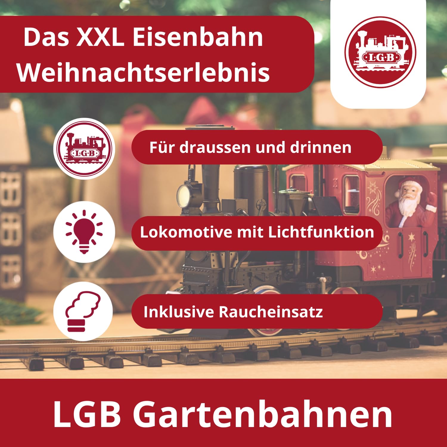 LGB – 70308 Gartenbahn Starterset Weihnachtszug mit Lokomotive und Zwei Waggons, Outdoor-Eisenbahn, Spur G