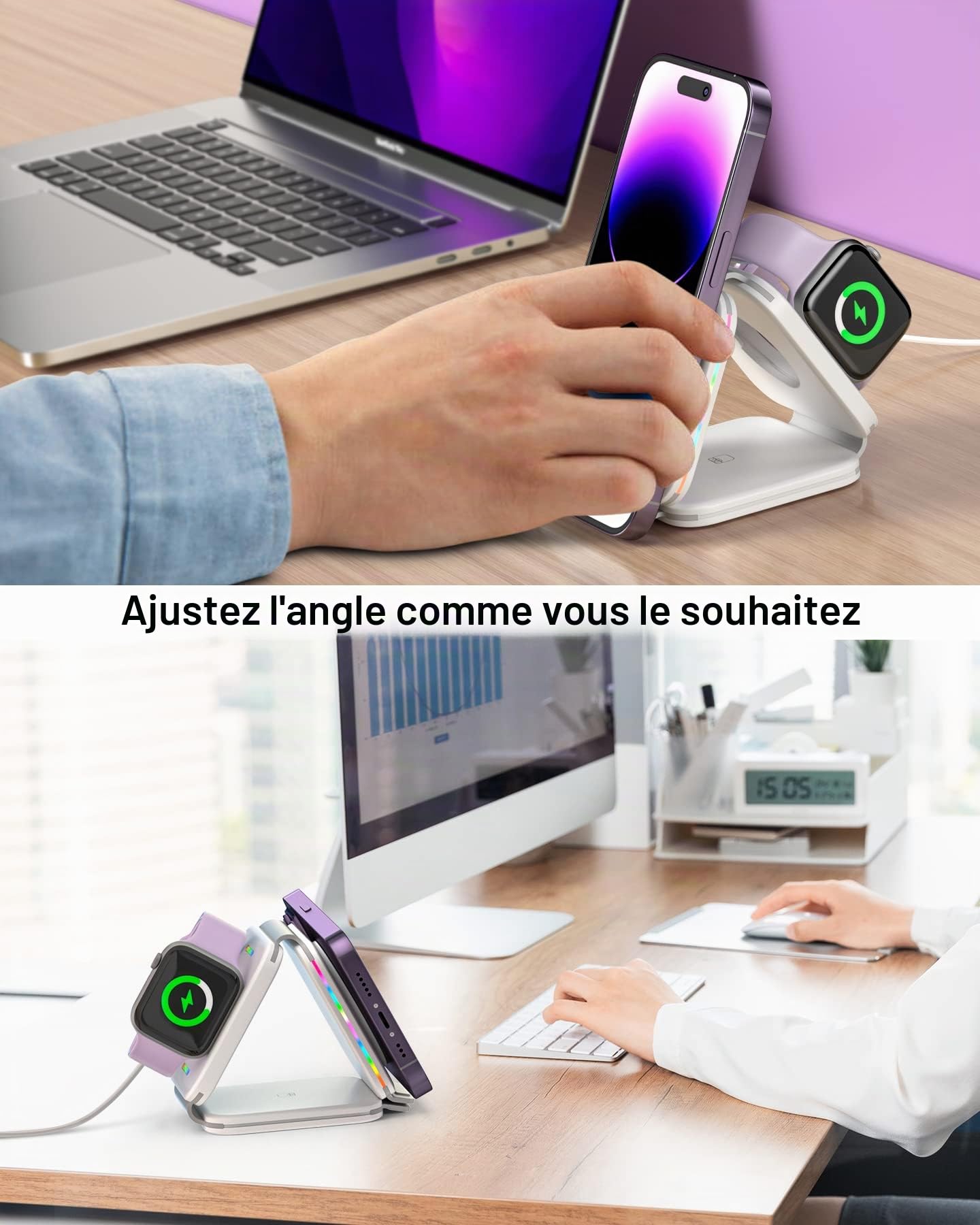 Station de Charge sans Fil 3 en 1,Magnétique Chargeur Pliable Portable Lumière colorée Pad de Charge Rapide Compatible avec i.Phone 14/13/12/11/XR/XS/8 Série,S22/21/20, iWatch/AirPods (Blanc)